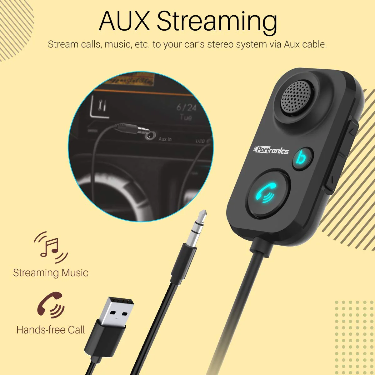 Auto 12
Car Bluetooth Receiver | 3.5mm AUX Connector | USB Port Powered | Call Button 3