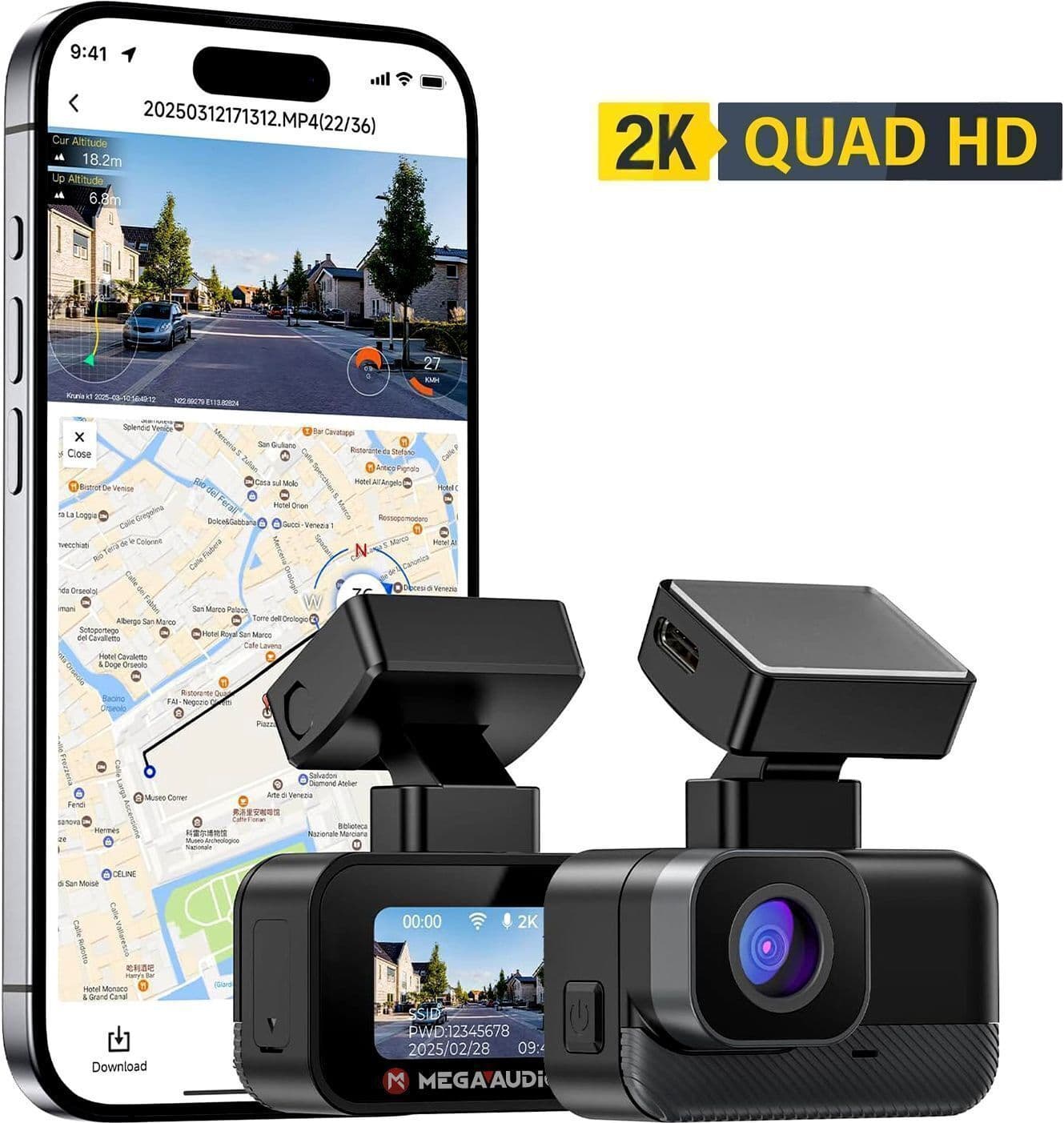 2K DashCam 1.47″ Display with WiFi, G-Sensor, 32GB Card & App Support 2