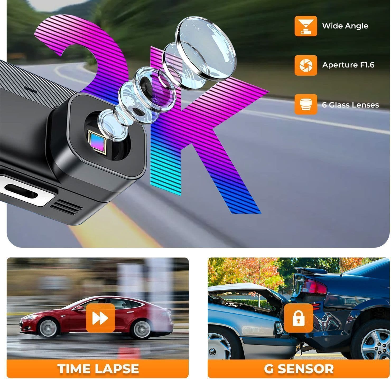 2K DashCam 1.47″ Display with WiFi, G-Sensor, 32GB Card & App Support 4