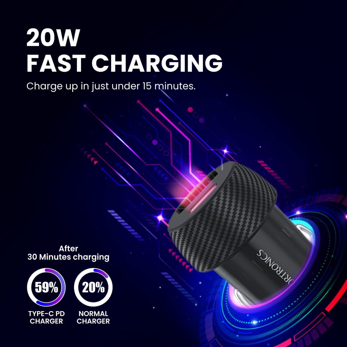 Portronics 20W Car Power 7 Car Charger with Dual Output (Type-C PD + USB), Fast Charging, Adapter Compatible for Most Cars & Cellular Phones (Black) 3