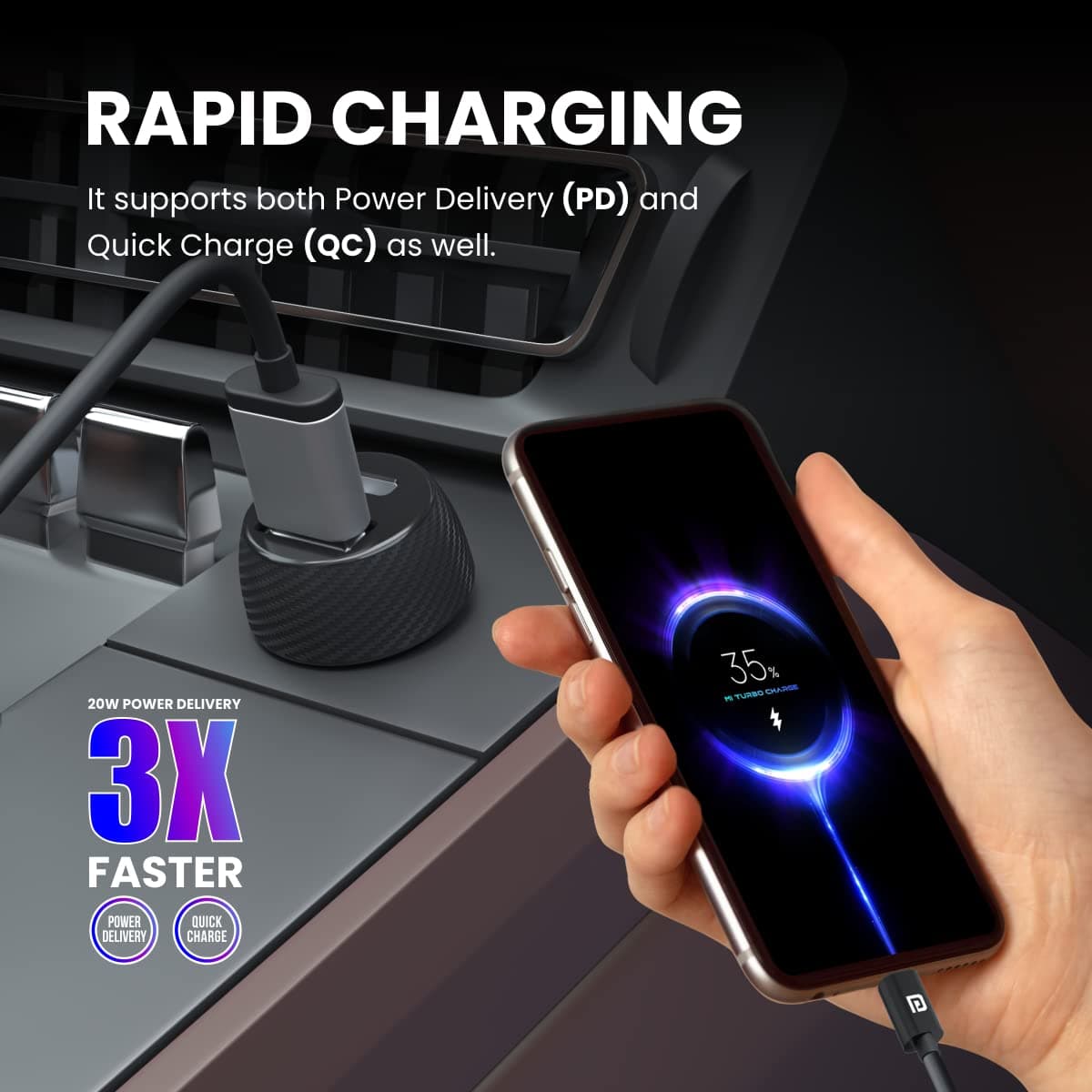 Portronics 20W Car Power 7 Car Charger with Dual Output (Type-C PD + USB), Fast Charging, Adapter Compatible for Most Cars & Cellular Phones (Black) 5