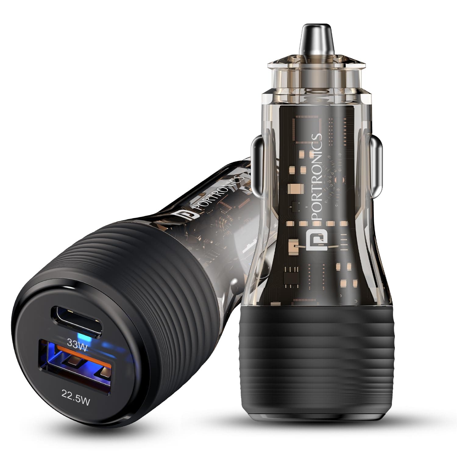 Portronics Car Power View Plus 55.5W Transparent Car Charger, Dual Port Fast Car Charger with 33W Type-C PD & 22.5W USB-A, Charge 2 Devices Simultaneously, for Smartphones, iPhones, Tablets, Earbuds 2