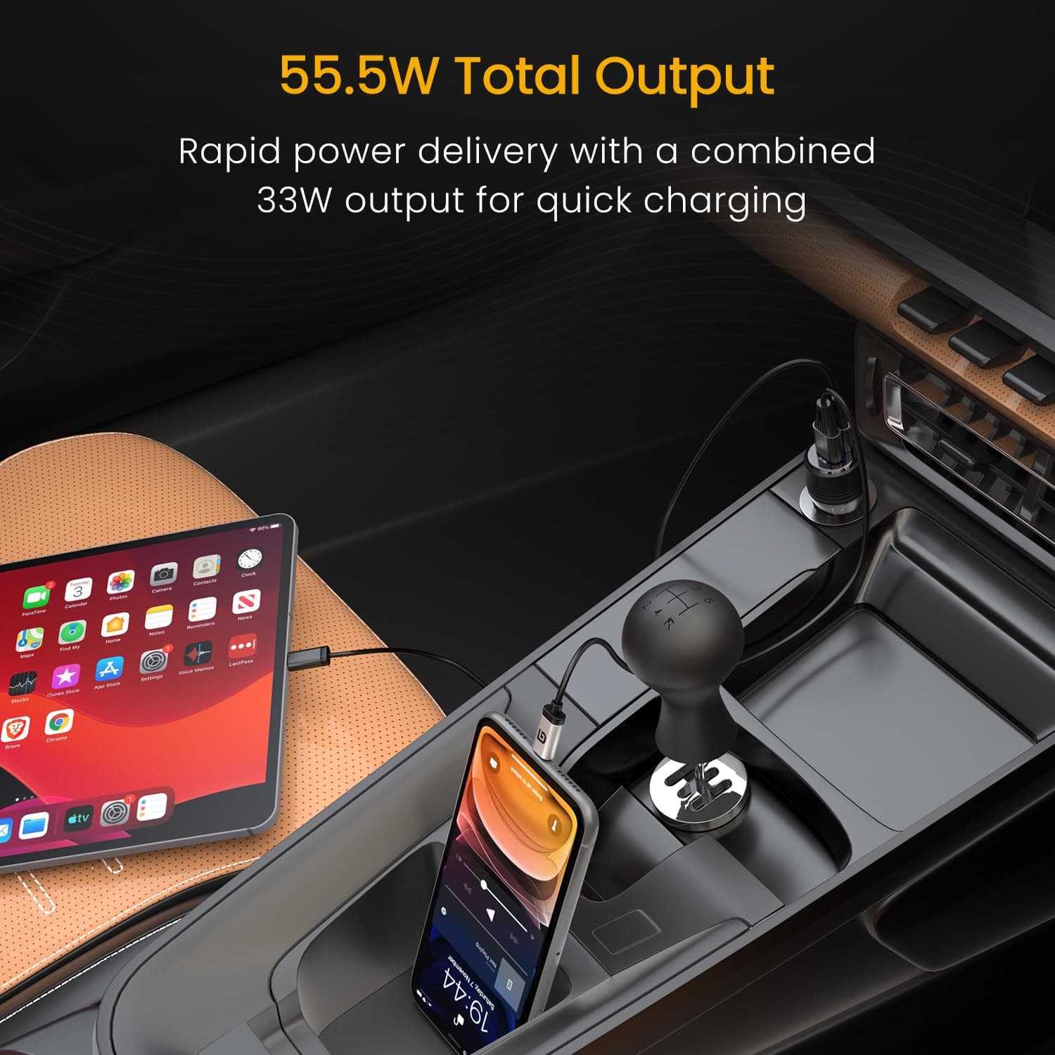 Portronics Car Power View Plus 55.5W Transparent Car Charger, Dual Port Fast Car Charger with 33W Type-C PD & 22.5W USB-A, Charge 2 Devices Simultaneously, for Smartphones, iPhones, Tablets, Earbuds 3