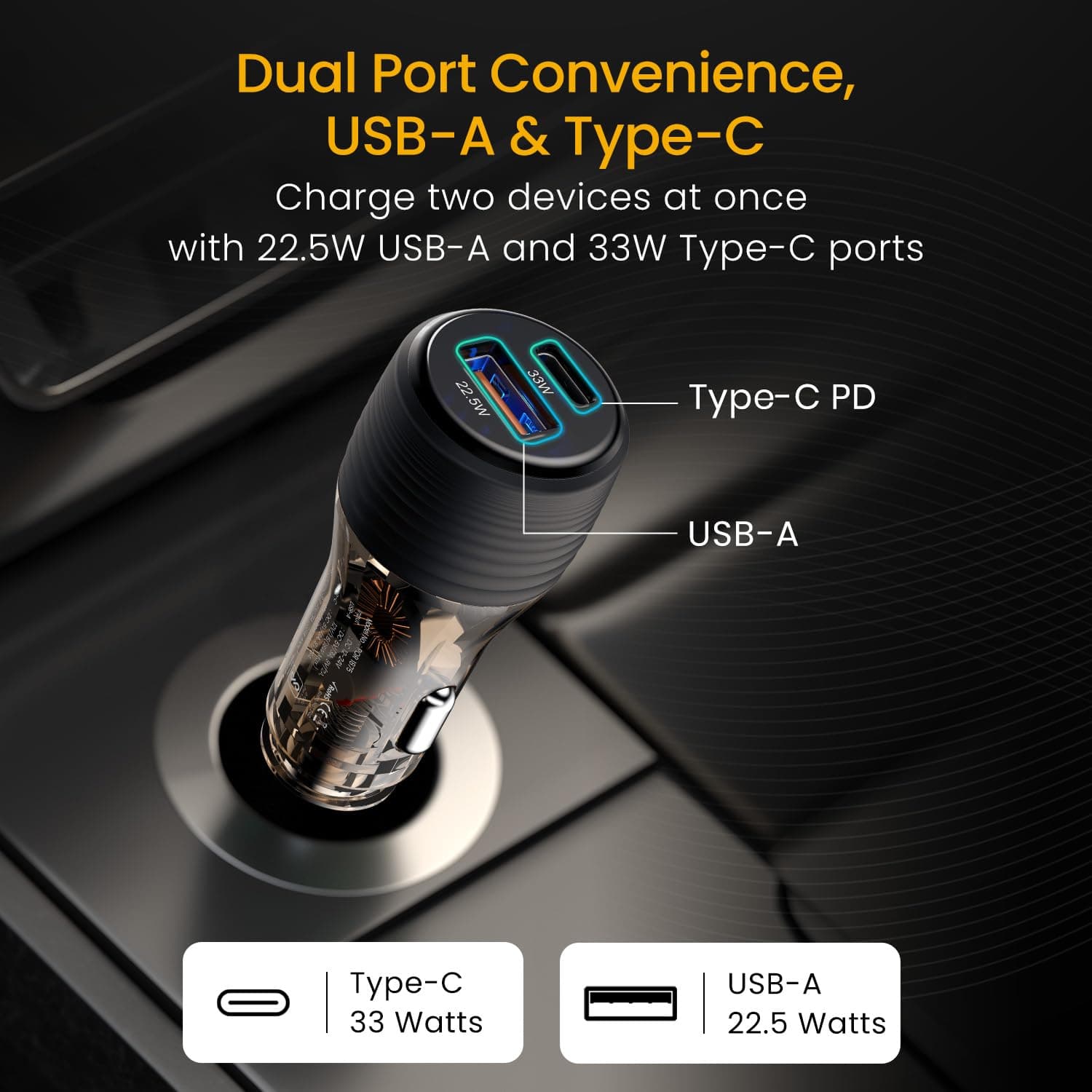 Portronics Car Power View Plus 55.5W Transparent Car Charger, Dual Port Fast Car Charger with 33W Type-C PD & 22.5W USB-A, Charge 2 Devices Simultaneously, for Smartphones, iPhones, Tablets, Earbuds 4