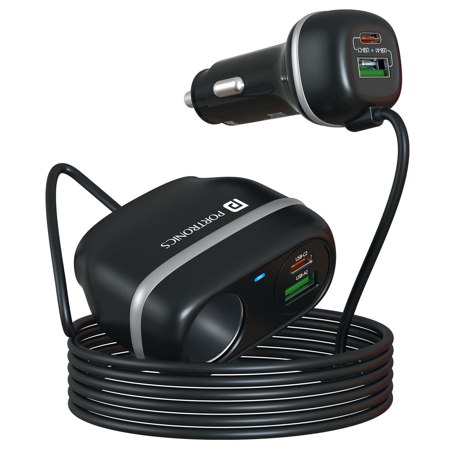 Portronics Car Power Trail 111W Car Charger, 4 Port Fast Car Charger, Dual 30W Type-C PD, Dual 22.5W USB-A, Front&Back Seat Charging with Cigarette Lighter Socket, Car Travel Essentials for Road Trips 2