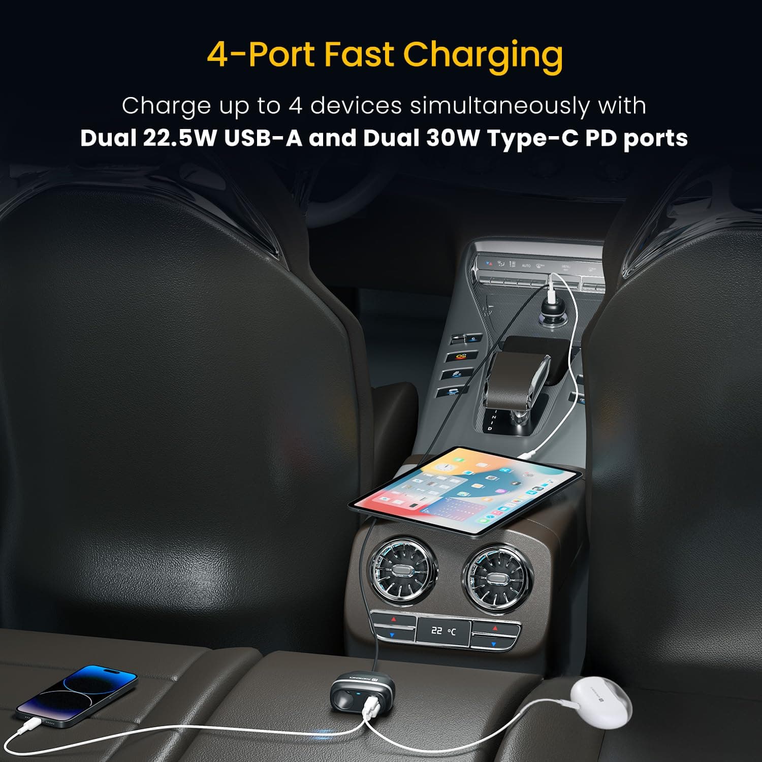 Portronics Car Power Trail 111W Car Charger, 4 Port Fast Car Charger, Dual 30W Type-C PD, Dual 22.5W USB-A, Front&Back Seat Charging with Cigarette Lighter Socket, Car Travel Essentials for Road Trips 4