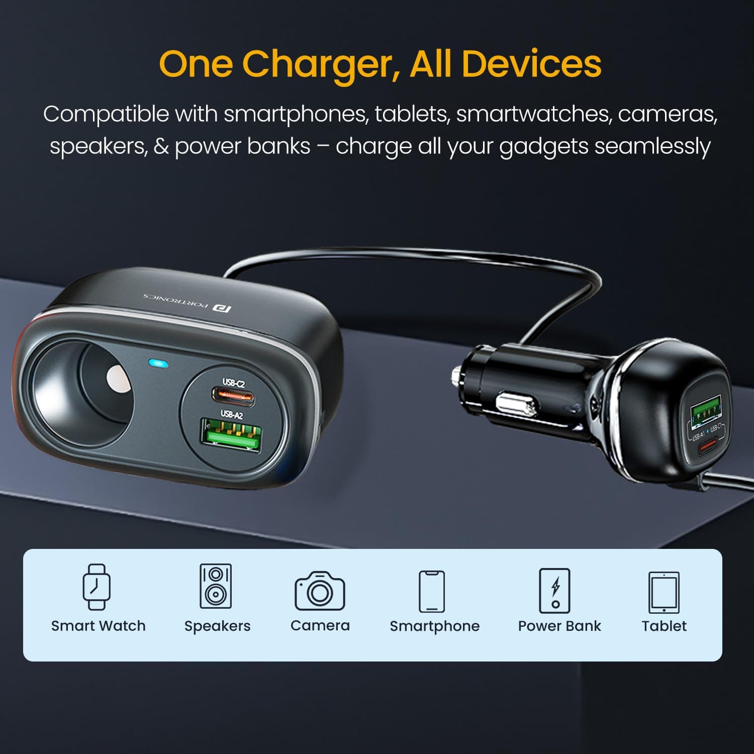 Portronics Car Power Trail 111W Car Charger, 4 Port Fast Car Charger, Dual 30W Type-C PD, Dual 22.5W USB-A, Front&Back Seat Charging with Cigarette Lighter Socket, Car Travel Essentials for Road Trips 5