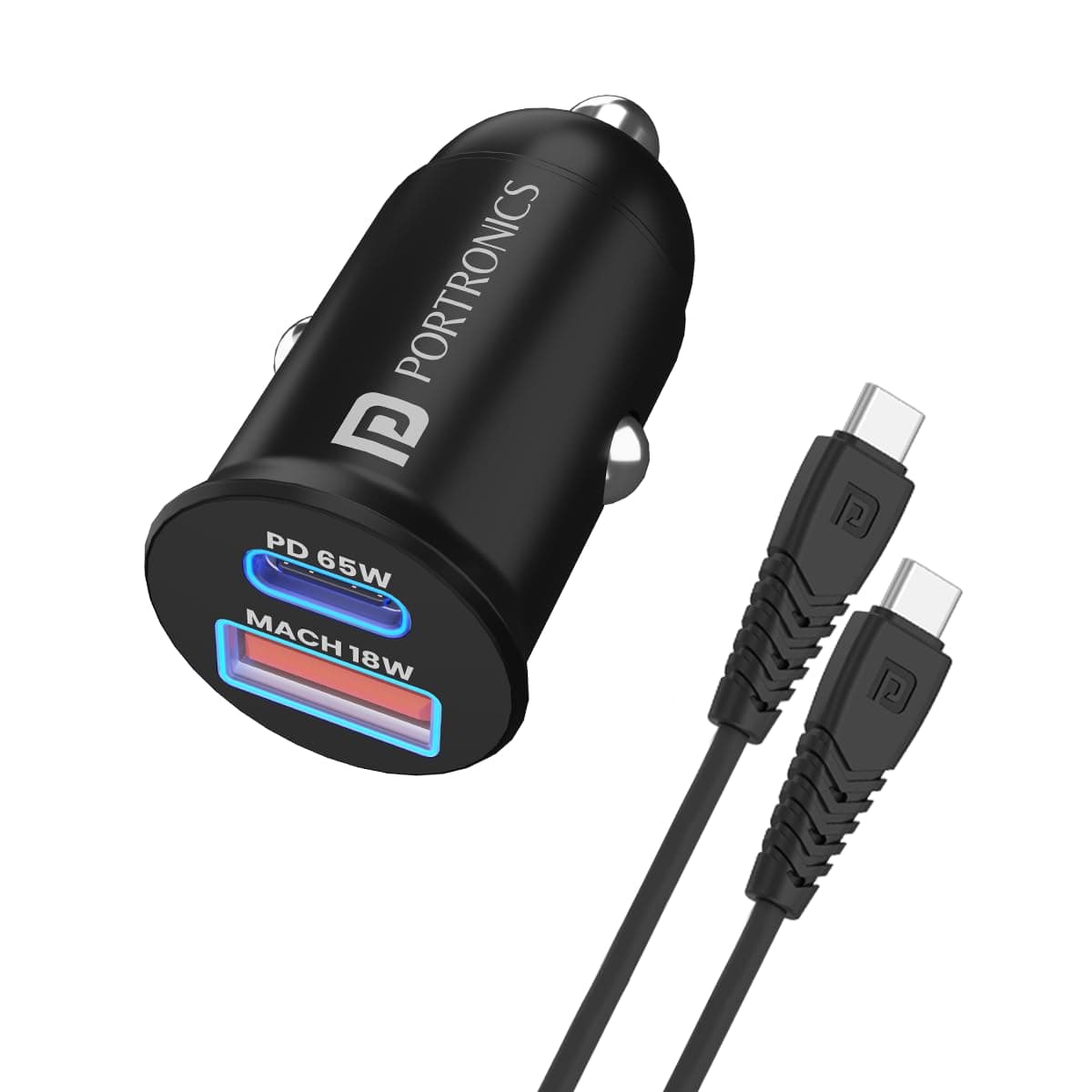 Portronics 65 Watts Car Power 65 Dual Output Fast Car Charger with 100W Type-C Cable (2m), 65W Type-C PD & 18W USB, Charging Adapter Compatible with Cars for iPhone & Android Smartphone, Laptop(Black) 2