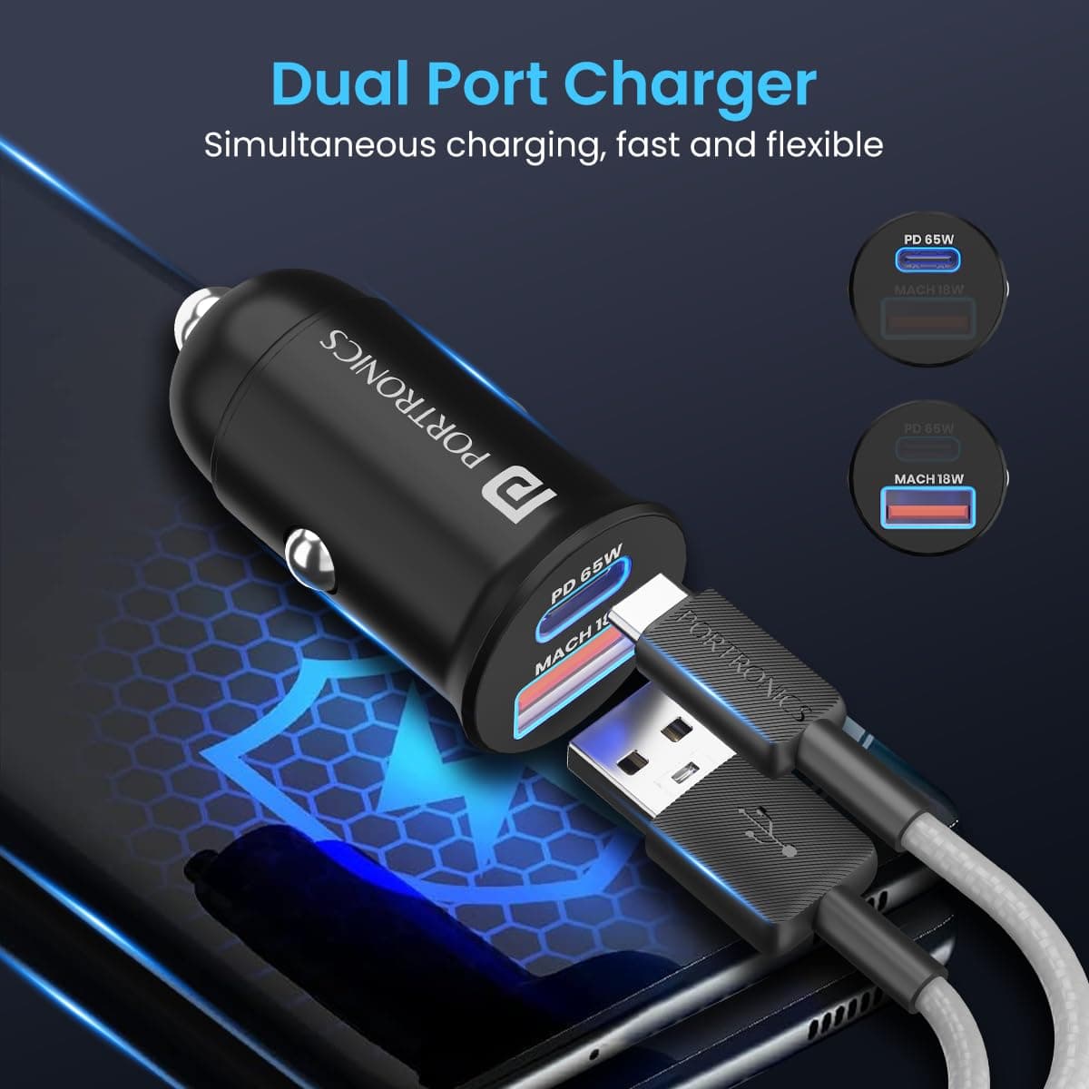 Portronics 65 Watts Car Power 65 Dual Output Fast Car Charger with 100W Type-C Cable (2m), 65W Type-C PD & 18W USB, Charging Adapter Compatible with Cars for iPhone & Android Smartphone, Laptop(Black) 3