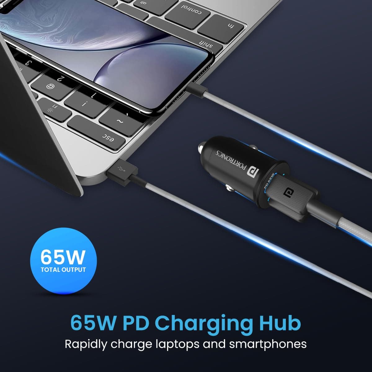 Portronics 65 Watts Car Power 65 Dual Output Fast Car Charger with 100W Type-C Cable (2m), 65W Type-C PD & 18W USB, Charging Adapter Compatible with Cars for iPhone & Android Smartphone, Laptop(Black) 4