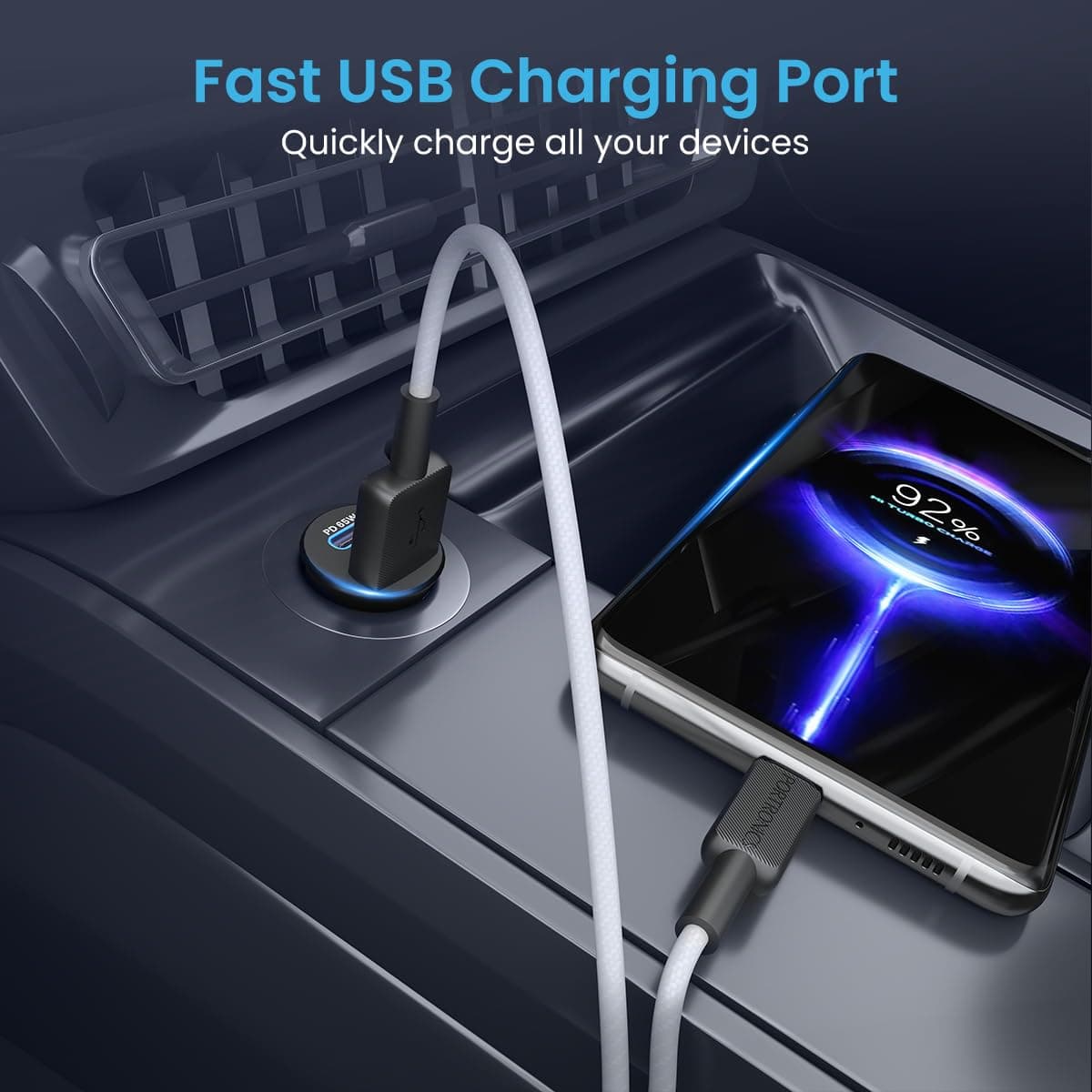 Portronics 65 Watts Car Power 65 Dual Output Fast Car Charger with 100W Type-C Cable (2m), 65W Type-C PD & 18W USB, Charging Adapter Compatible with Cars for iPhone & Android Smartphone, Laptop(Black) 5