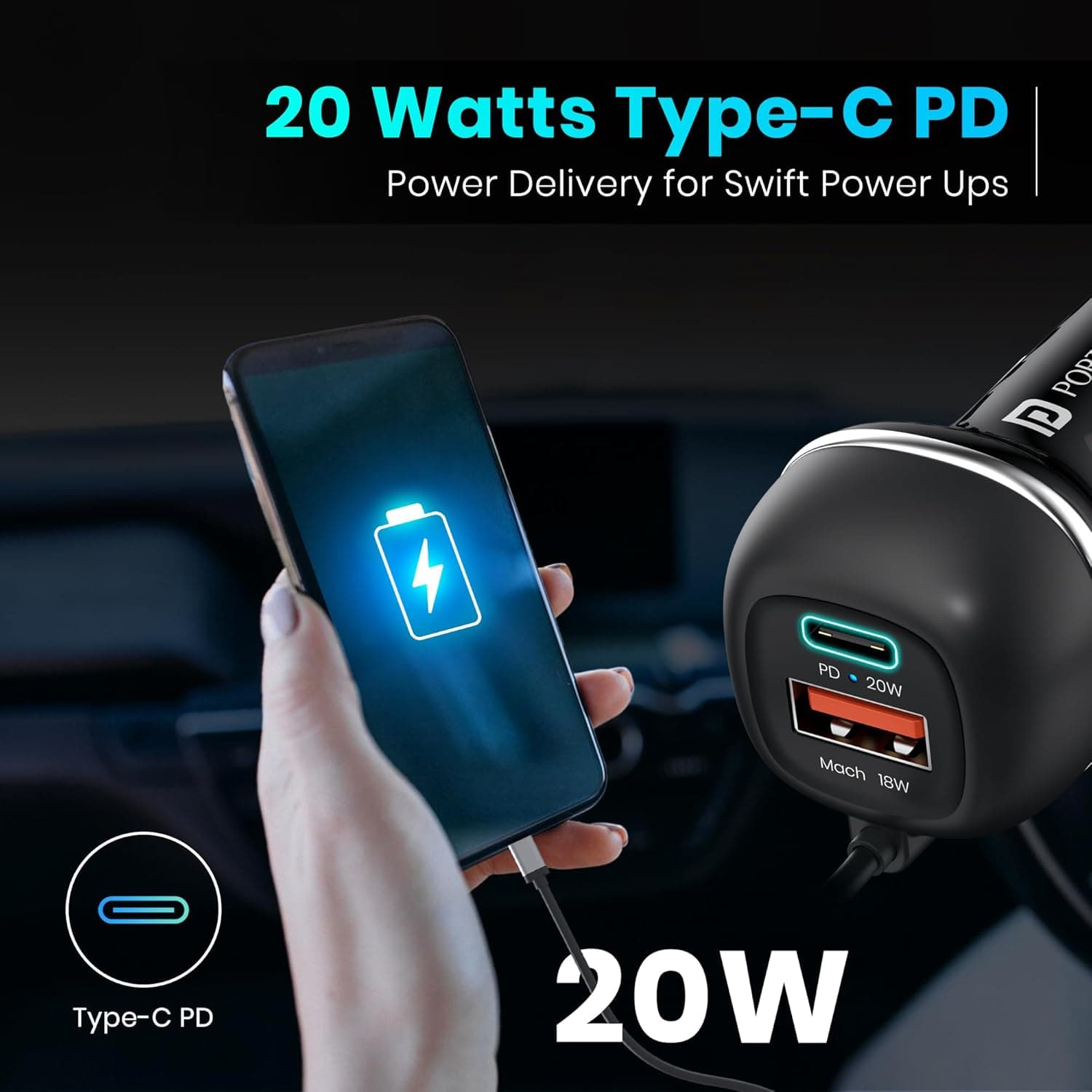 Portronics 71W Car Power 1C Triple Output Fast Car Charger with 33W Type-C Cable, 20W Type-C PD, 18W USB Port, Fast Charging Adapter Compatible with Cars for iPhone & Android Smartphone (Black) 4