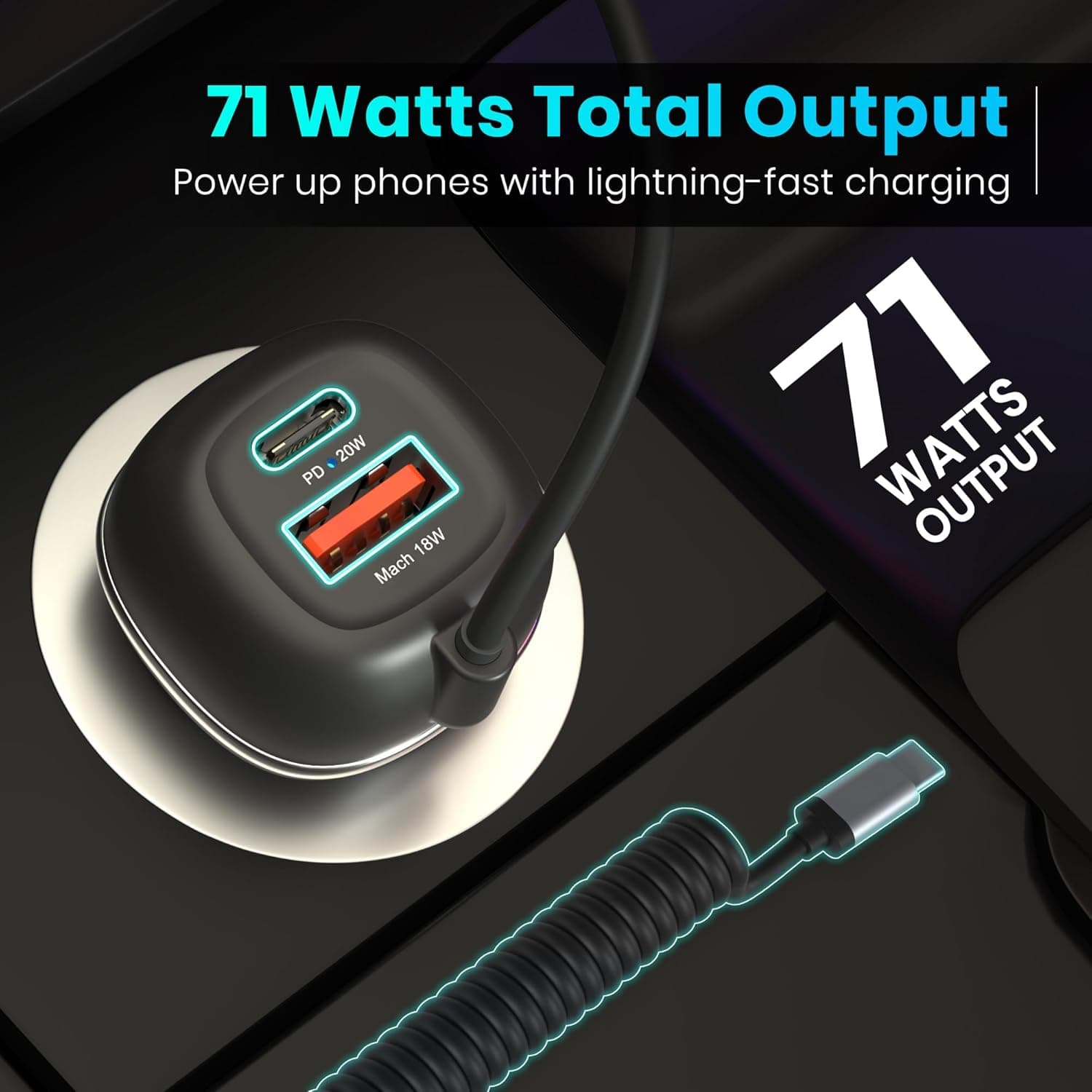 Portronics 71W Car Power 1C Triple Output Fast Car Charger with 33W Type-C Cable, 20W Type-C PD, 18W USB Port, Fast Charging Adapter Compatible with Cars for iPhone & Android Smartphone (Black) 3