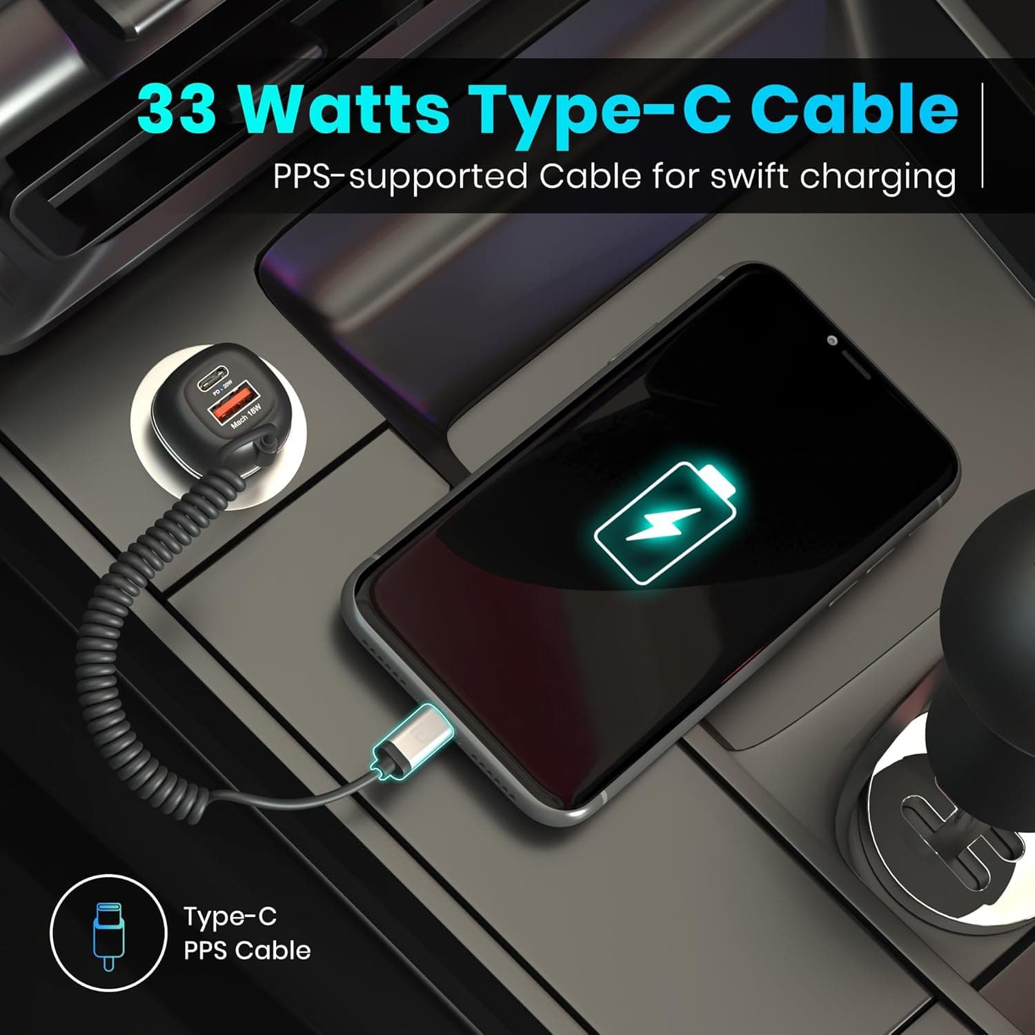 Portronics 71W Car Power 1C Triple Output Fast Car Charger with 33W Type-C Cable, 20W Type-C PD, 18W USB Port, Fast Charging Adapter Compatible with Cars for iPhone & Android Smartphone (Black) 5