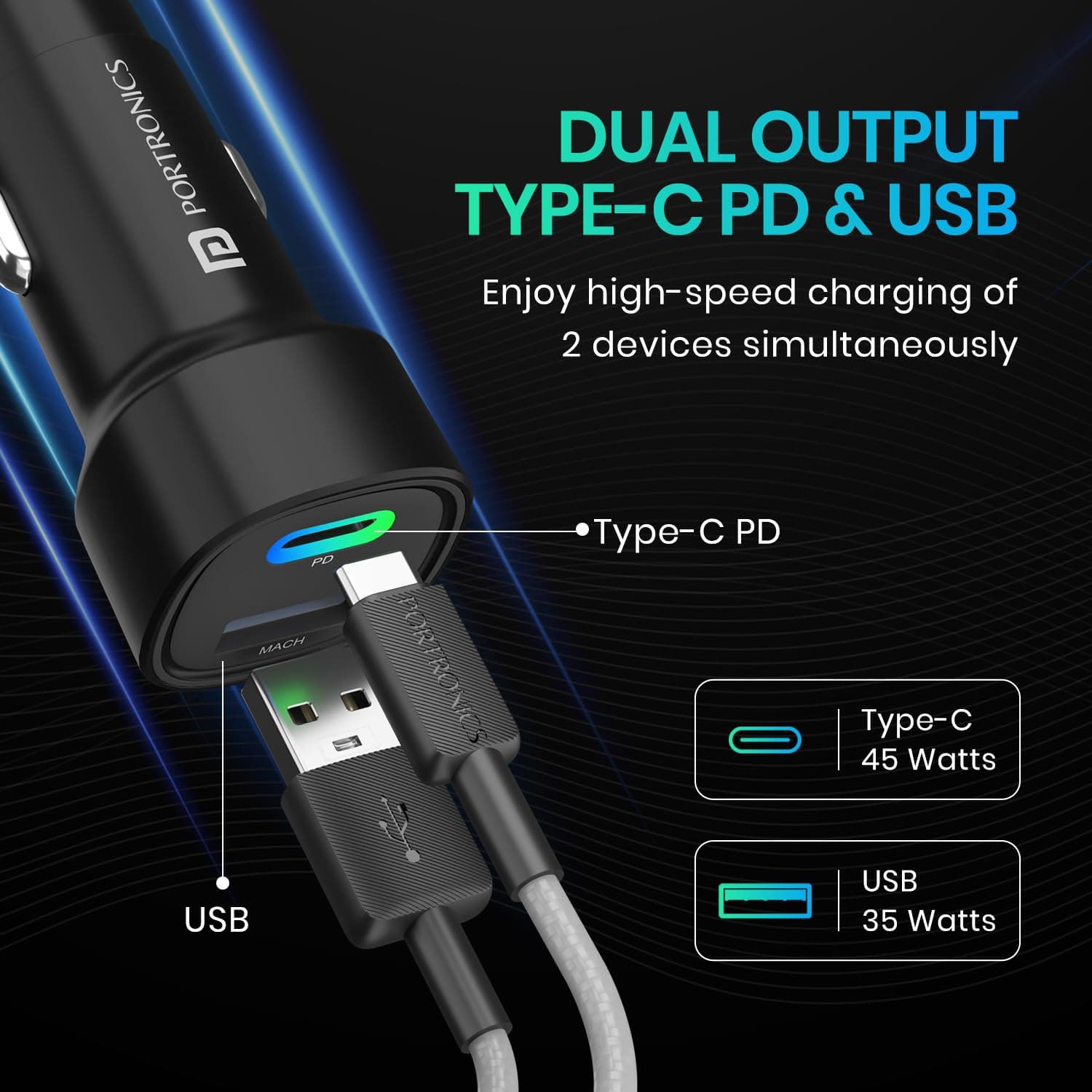 Portronics 80W Dual Output Fast Car Charger with Type-C PD & USB, LED Indicator, Charging Adapter Compatible with Cars for iPhone & Android Smartphone, Smartwatch, Earbud, Power Bank (Black) 4