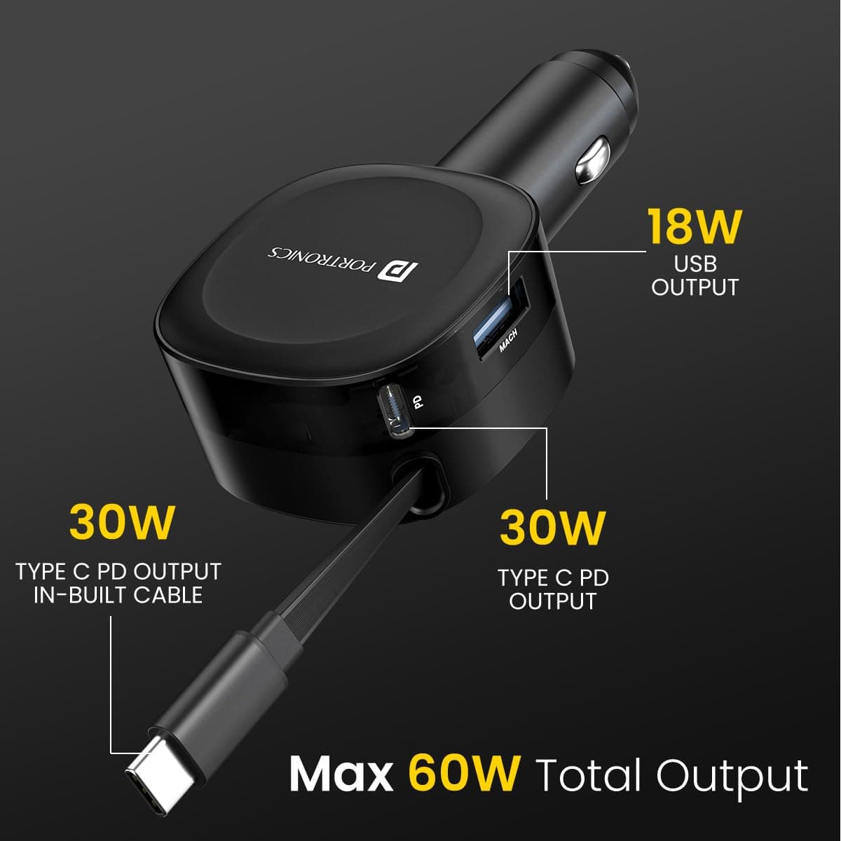 Portronics Car Power Flexo, 3-in-1 60W Car Charger, Retractable Cable (30W Type-C PD), Dual Port (18W USB Type-A,30W Type-C), for Power Bank, Phones, Tablets, Earbuds (Black) 3