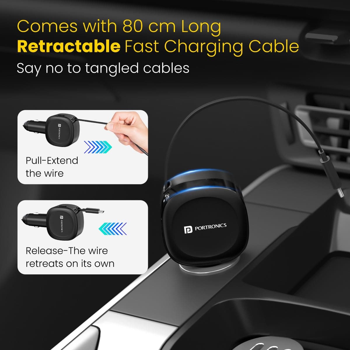 Portronics Car Power Flexo, 3-in-1 60W Car Charger, Retractable Cable (30W Type-C PD), Dual Port (18W USB Type-A,30W Type-C), for Power Bank, Phones, Tablets, Earbuds (Black) 4