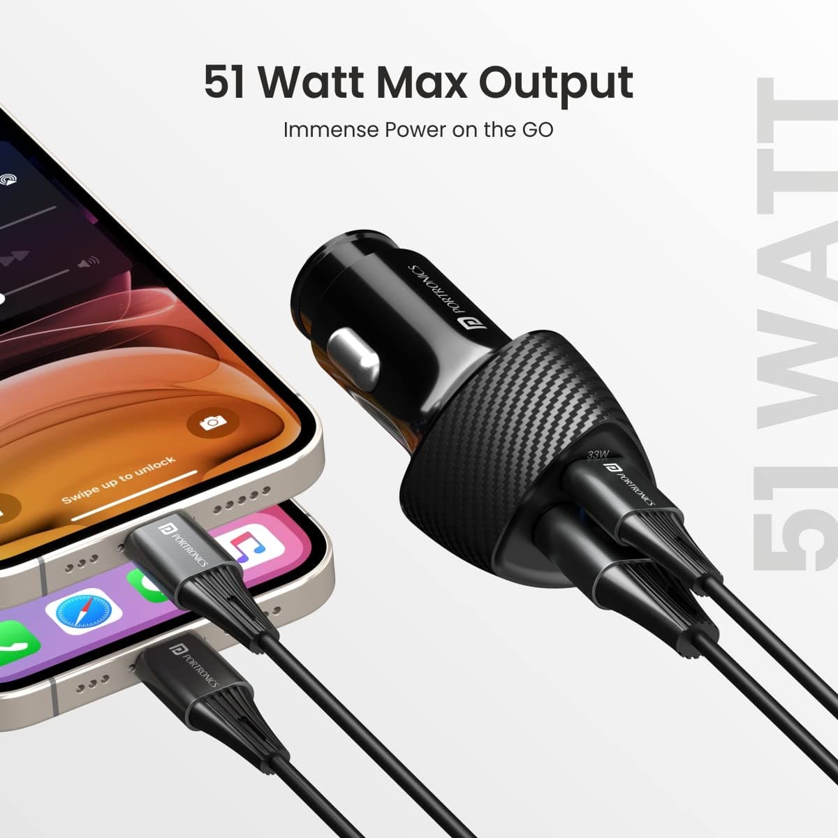 Portronics 51W Car Power 16 Fast Car Charger with Dual Output, 51 Watts Total (18W USB + 33W Type C PD), Fast Charging, Adapter for iPhone & Android Smartphones and Tablets (Black) 3