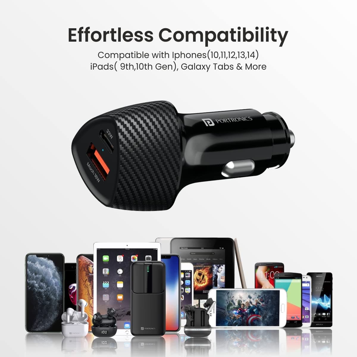 Portronics 51W Car Power 16 Fast Car Charger with Dual Output, 51 Watts Total (18W USB + 33W Type C PD), Fast Charging, Adapter for iPhone & Android Smartphones and Tablets (Black) 5