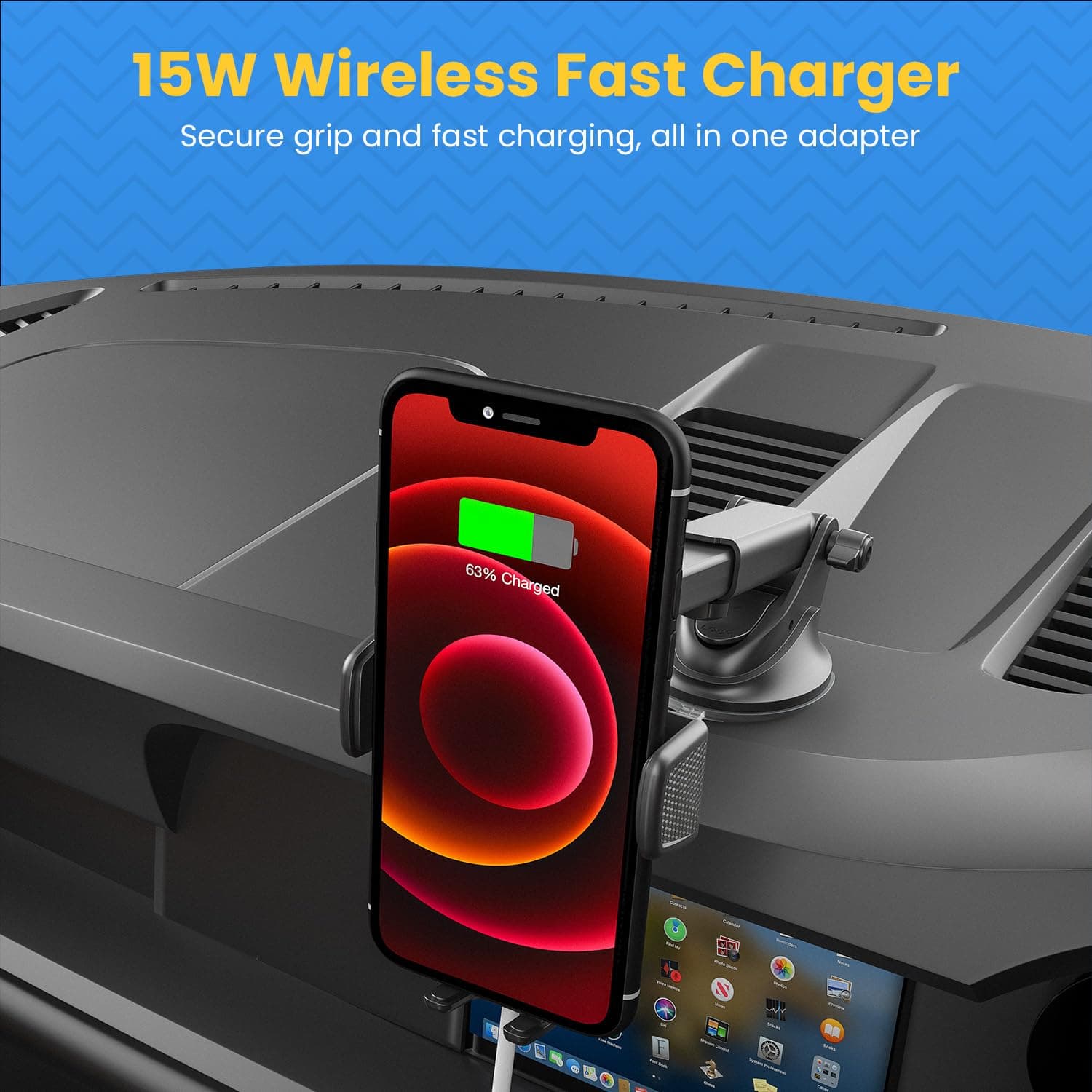 Portronics Charge Clamp 3 Wireless Car Charger with 15 Watts Fast Charging (Qi Compatible), Free Type-C Cable, 360 Rotation, for iPhone & Android Smartphones (B 4