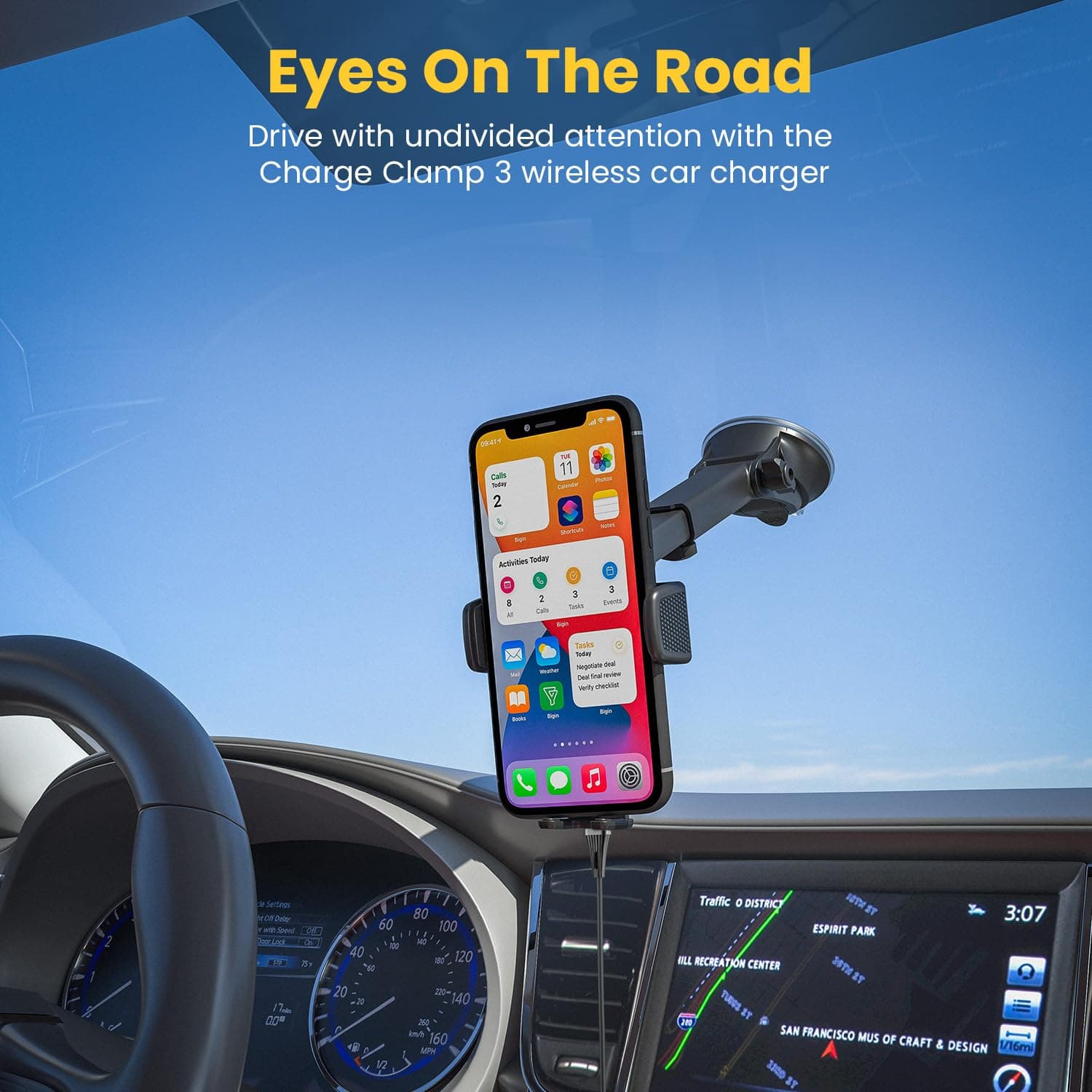 Portronics Charge Clamp 3 Wireless Car Charger with 15 Watts Fast Charging (Qi Compatible), Free Type-C Cable, 360 Rotation, for iPhone & Android Smartphones (B 3