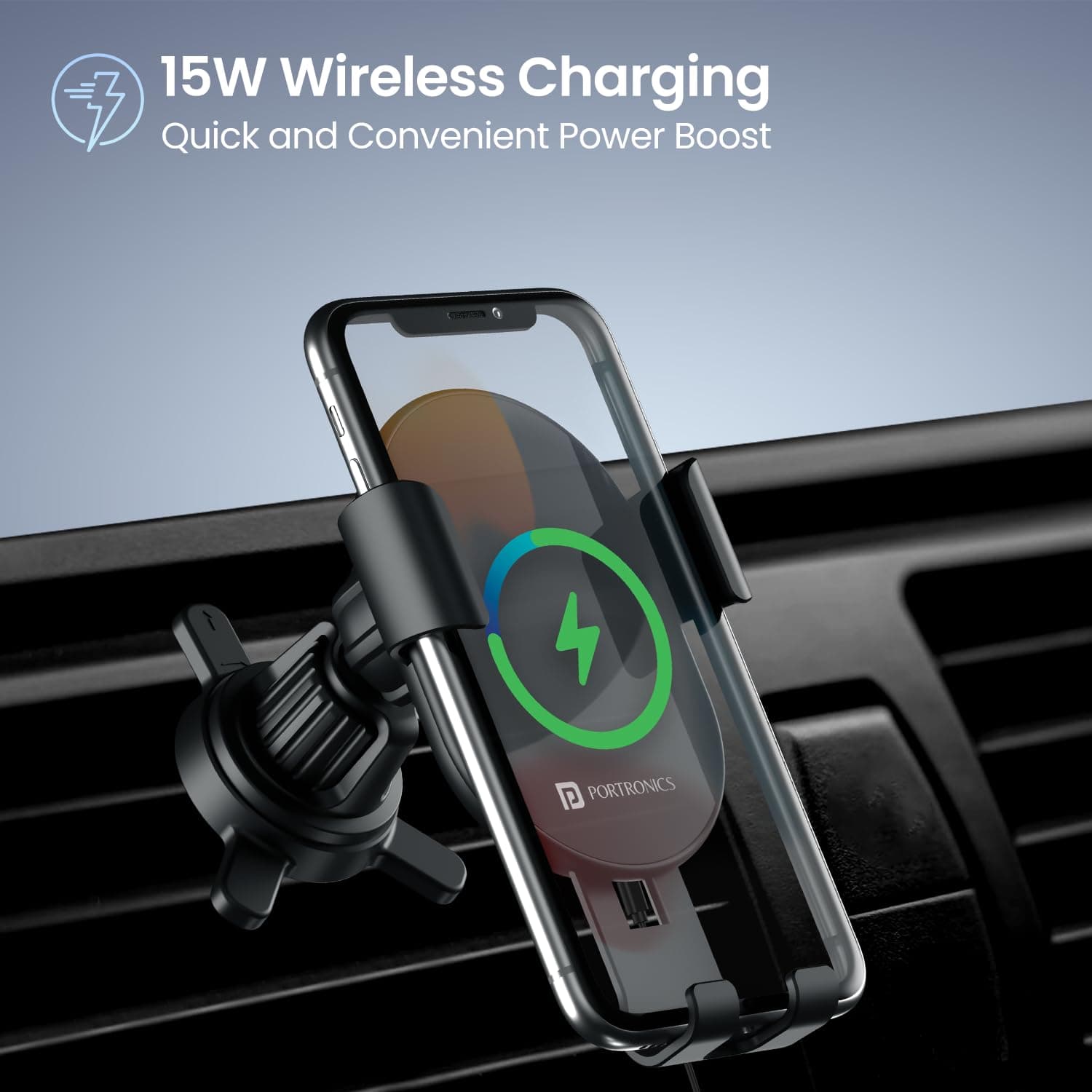 Portronics Charge Clamp 4 Wireless Car Charger with 15 Watts Fast Charging, AC Vent Mount, 360 Rotation, Strong Grip, Free Type-C Cable, Qi Charger for iPhone & Android Smartphones(B 3