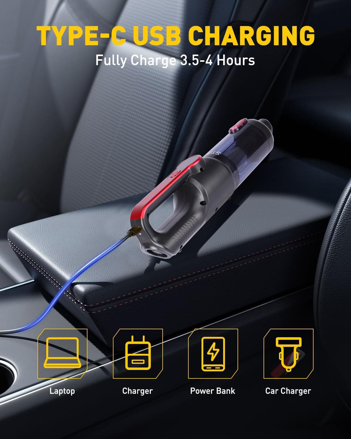 STARQ Tornado Wireless Vacuum Cleaner for Home and Car | High-Power 15000 Pa Suction with BLDC Motor | USB-C Rechargeable |2 Suction Modes | Portable & Stylish Design with LED Light 5
