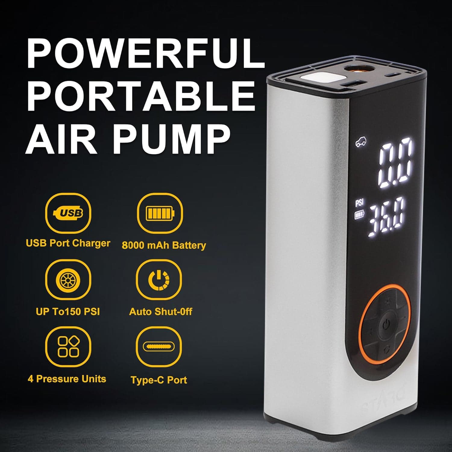 STARQ Inflate Pro Max Portable 2in1 Tyre Inflator/Air Compressor with Digital Display|8000mAh Battery|for Cars, Motorcycles, Bicycles, Football| Upto 150 Psi| Flash Light|Power Bank 2