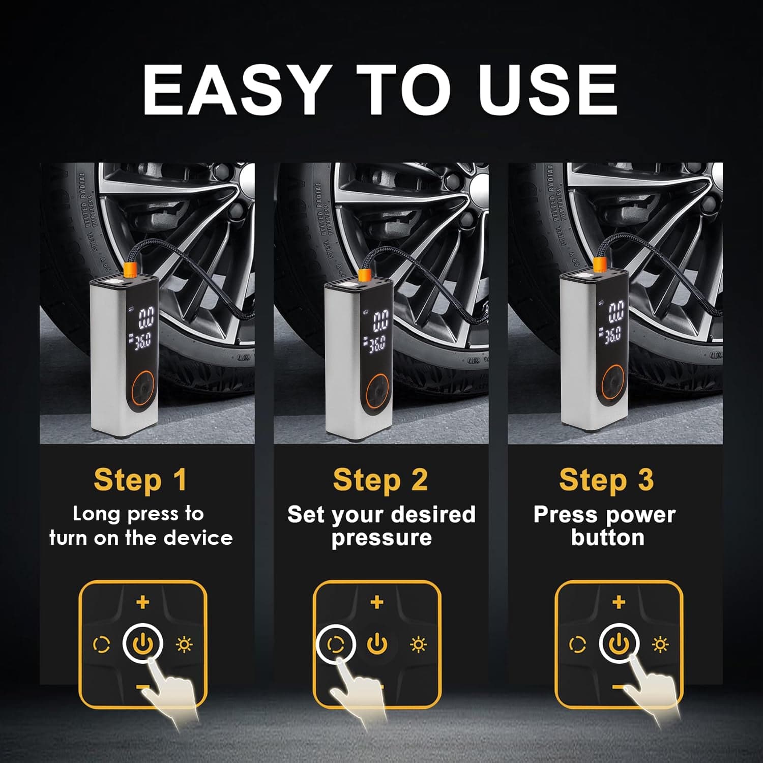 STARQ Inflate Pro Max Portable 2in1 Tyre Inflator/Air Compressor with Digital Display|8000mAh Battery|for Cars, Motorcycles, Bicycles, Football| Upto 150 Psi| Flash Light|Power Bank 3