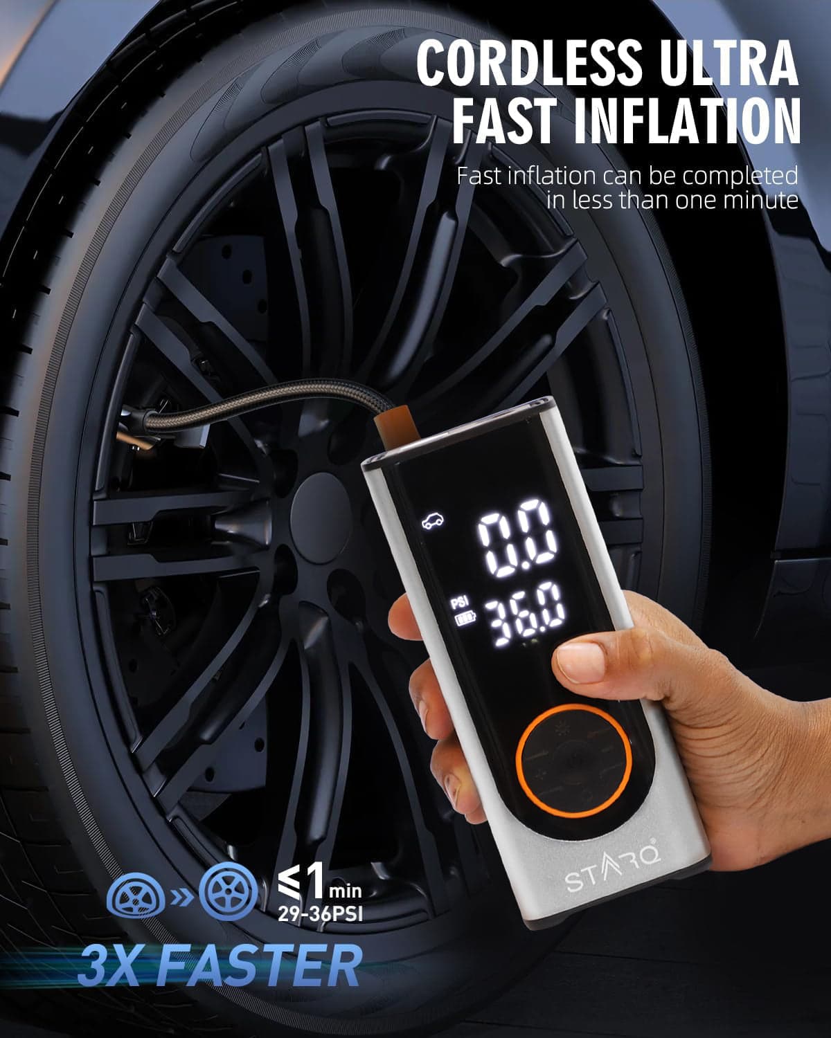 STARQ Inflate Pro Max Portable 2in1 Tyre Inflator/Air Compressor with Digital Display|8000mAh Battery|for Cars, Motorcycles, Bicycles, Football| Upto 150 Psi| Flash Light|Power Bank 4