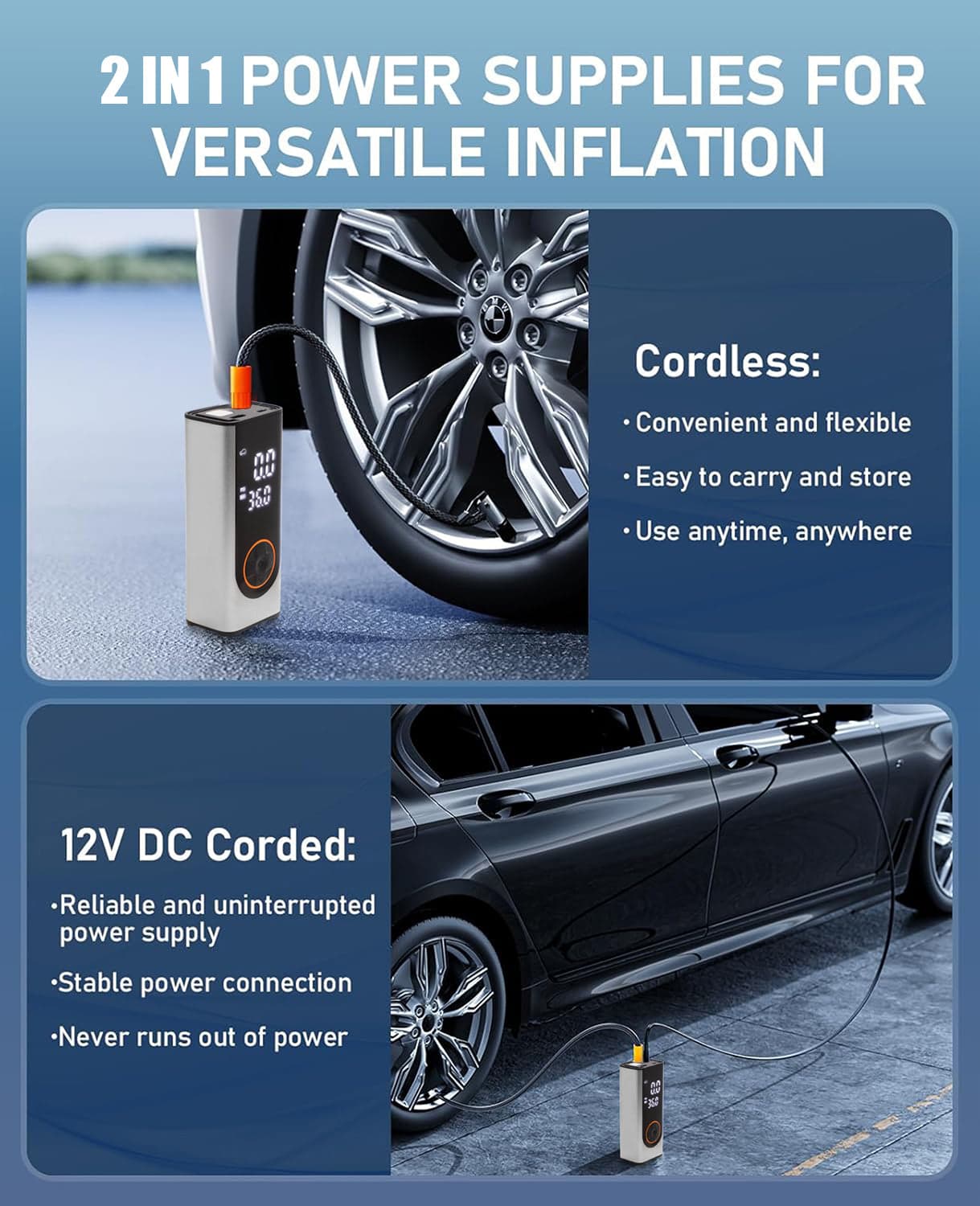 STARQ Inflate Pro Max Portable 2in1 Tyre Inflator/Air Compressor with Digital Display|8000mAh Battery|for Cars, Motorcycles, Bicycles, Football| Upto 150 Psi| Flash Light|Power Bank 5