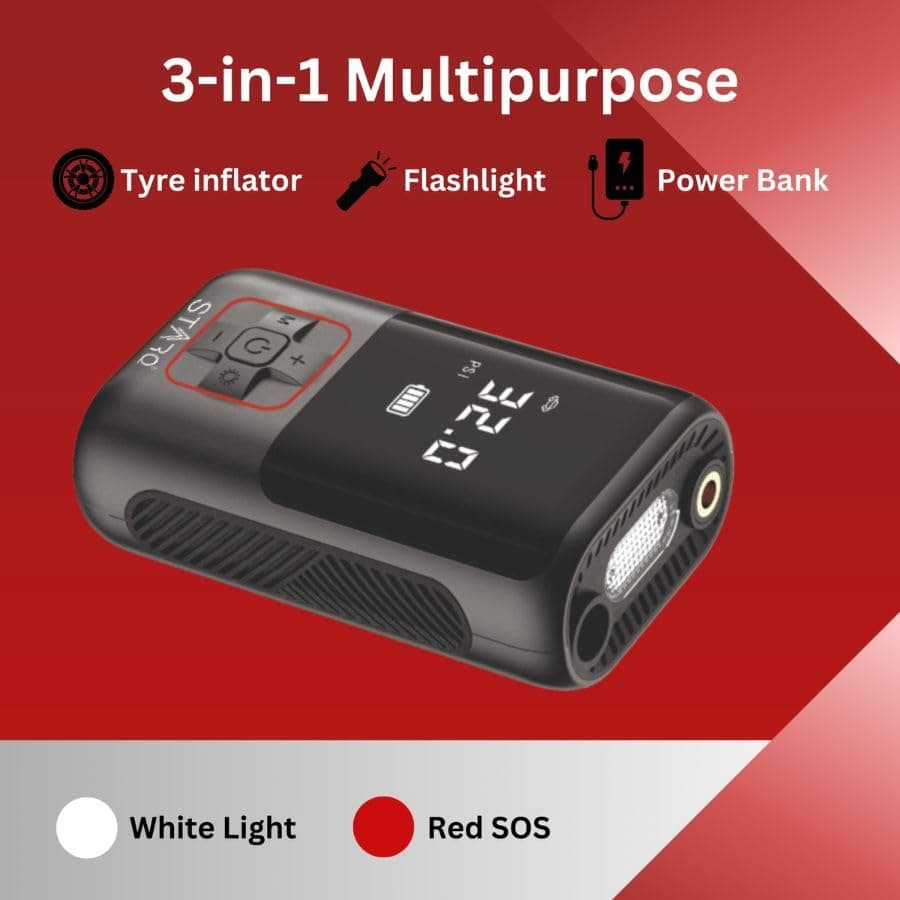 STARQ Inflate Pro Portable/Cordless Tyre Inflator/Air Compressor with Digital Display|4000mAh Battery|for Cars, Motorcycles, Bicycles, Football| Upto 150 Psi| Flash Light|Power Bank (Inflate Pro) 2