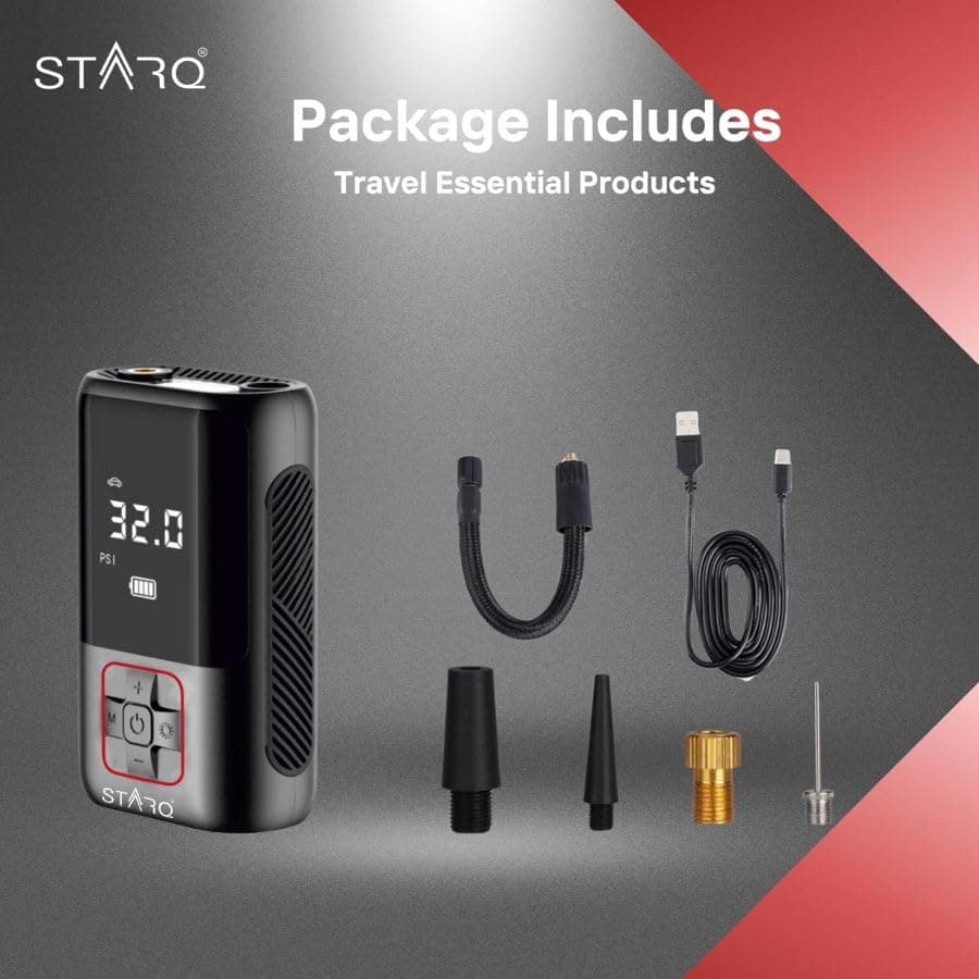 STARQ Inflate Pro Portable/Cordless Tyre Inflator/Air Compressor with Digital Display|4000mAh Battery|for Cars, Motorcycles, Bicycles, Football| Upto 150 Psi| Flash Light|Power Bank (Inflate Pro) 3