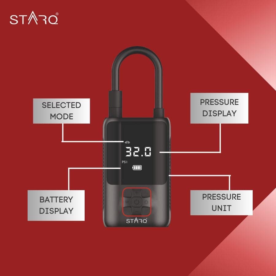 STARQ Inflate Pro Portable/Cordless Tyre Inflator/Air Compressor with Digital Display|4000mAh Battery|for Cars, Motorcycles, Bicycles, Football| Upto 150 Psi| Flash Light|Power Bank (Inflate Pro) 4