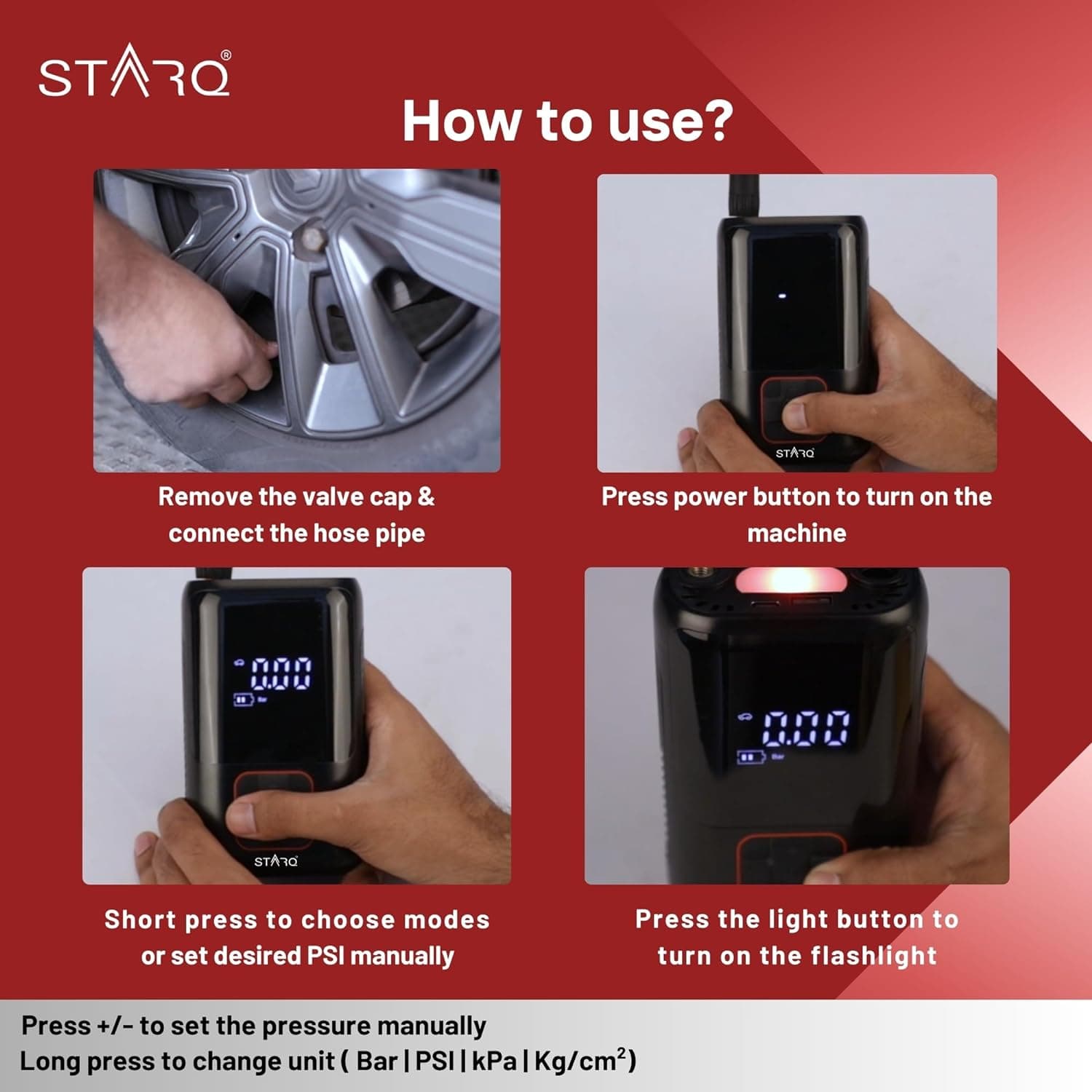 STARQ Inflate Pro Portable/Cordless Tyre Inflator/Air Compressor with Digital Display|4000mAh Battery|for Cars, Motorcycles, Bicycles, Football| Upto 150 Psi| Flash Light|Power Bank (Inflate Pro) 5