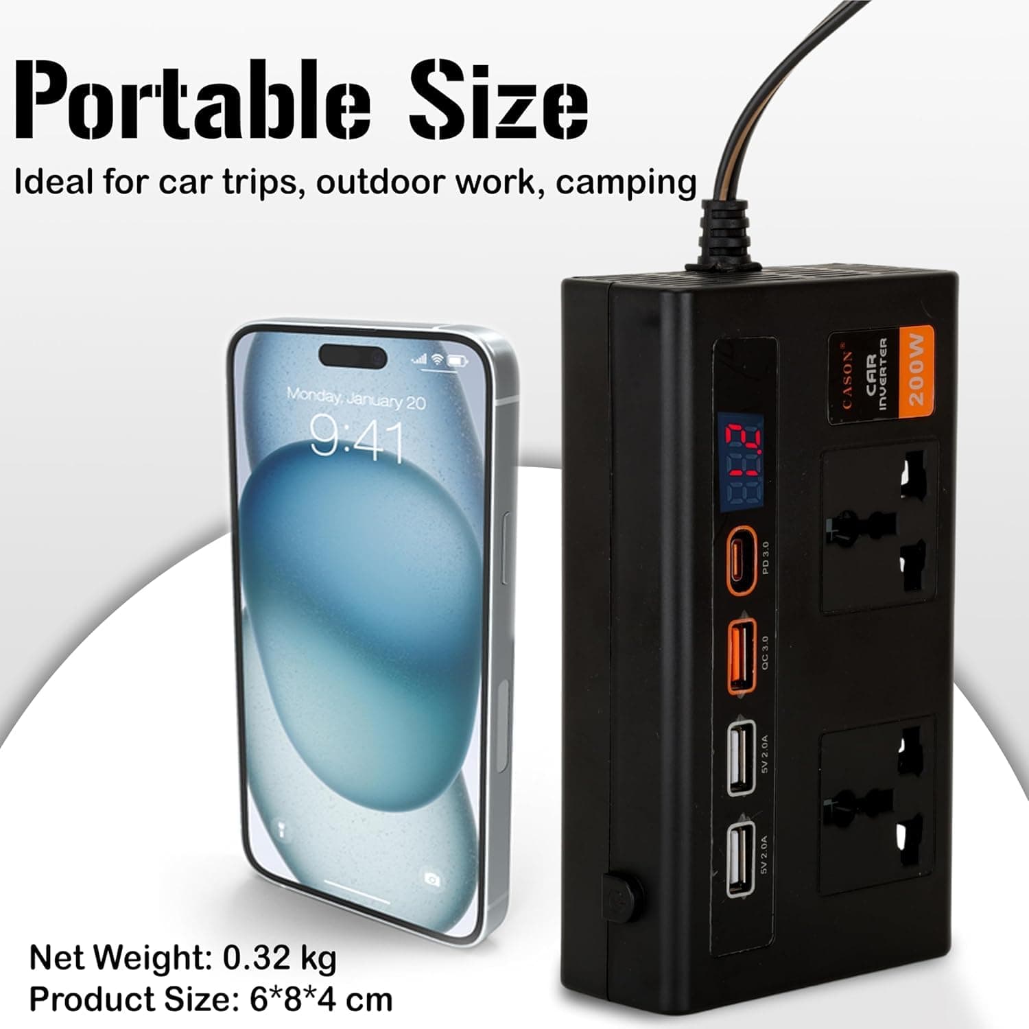 200W Car Laptop Charger/Power Inverter with 3 USB (3.1A Max) + 1 C Type(24 W PD) Smart USB Charging Ports, 12V DC to 220V AC, 2X Universal AC Outlet (Double-Plug) 2