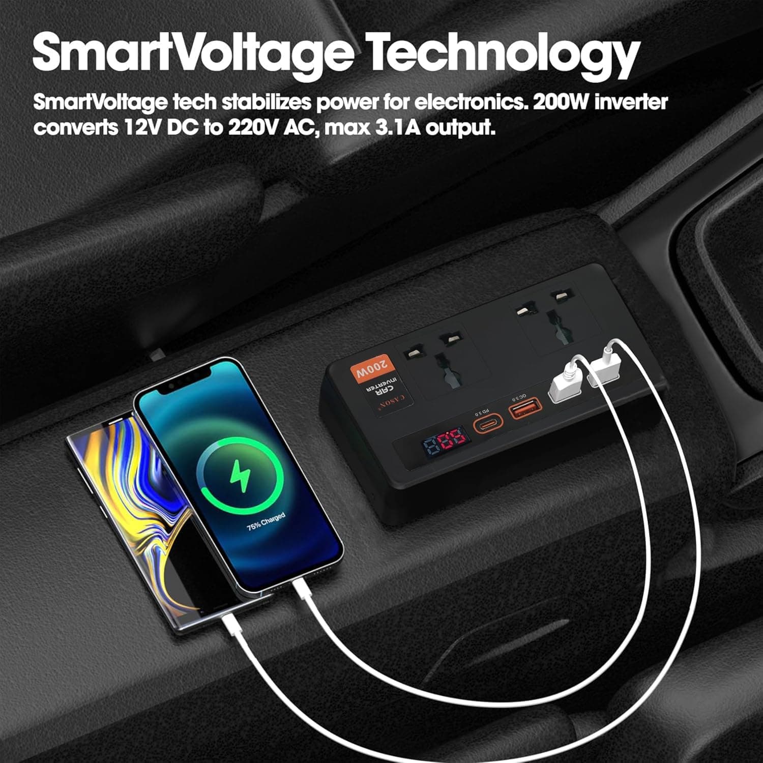 200W Car Laptop Charger/Power Inverter with 3 USB (3.1A Max) + 1 C Type(24 W PD) Smart USB Charging Ports, 12V DC to 220V AC, 2X Universal AC Outlet (Double-Plug) 4