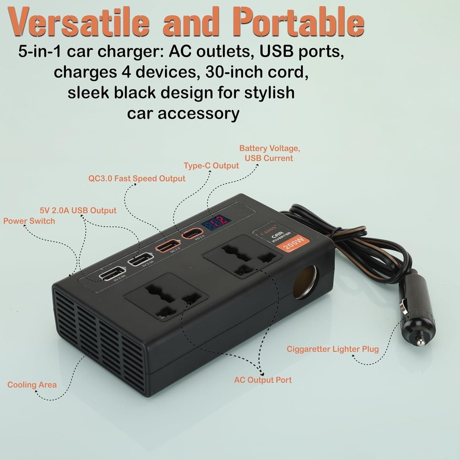 200W Car Laptop Charger/Power Inverter with 3 USB (3.1A Max) + 1 C Type(24 W PD) Smart USB Charging Ports, 12V DC to 220V AC, 2X Universal AC Outlet (Double-Plug) 3