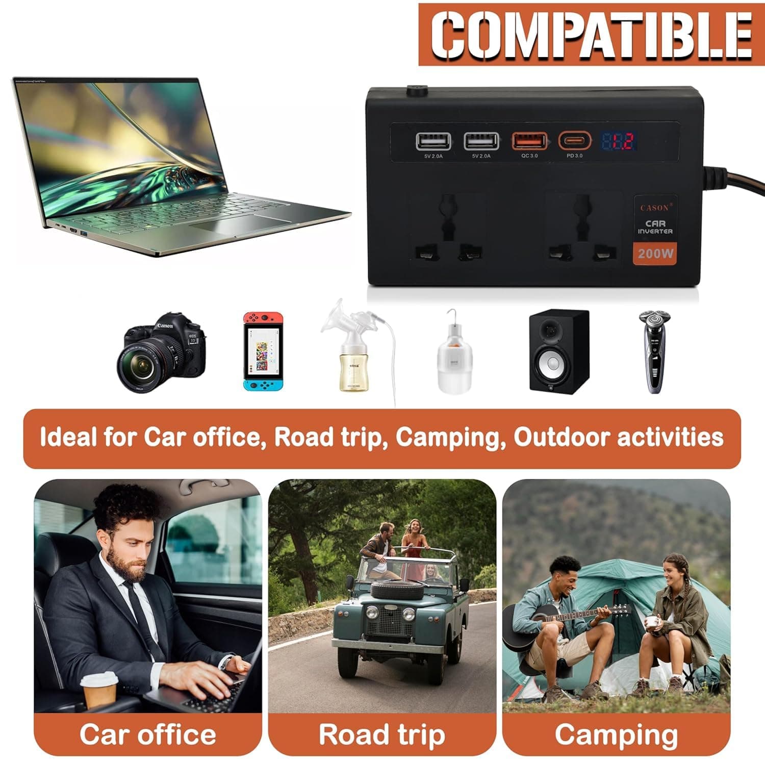 200W Car Laptop Charger/Power Inverter with 3 USB (3.1A Max) + 1 C Type(24 W PD) Smart USB Charging Ports, 12V DC to 220V AC, 2X Universal AC Outlet (Double-Plug) 5