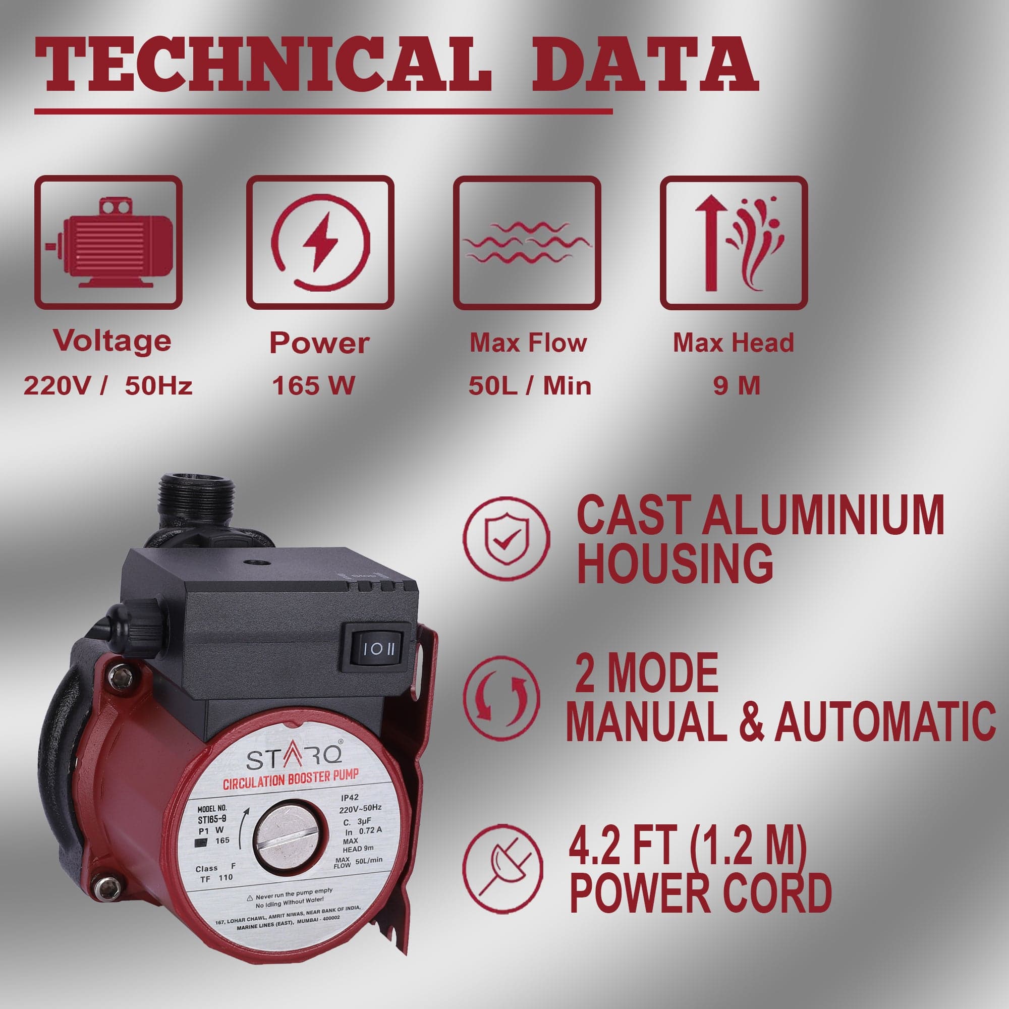 STARQ ST165-9 Inline Automatic Water Pressure Pump With Wall Mounting Bracket (RED) 2