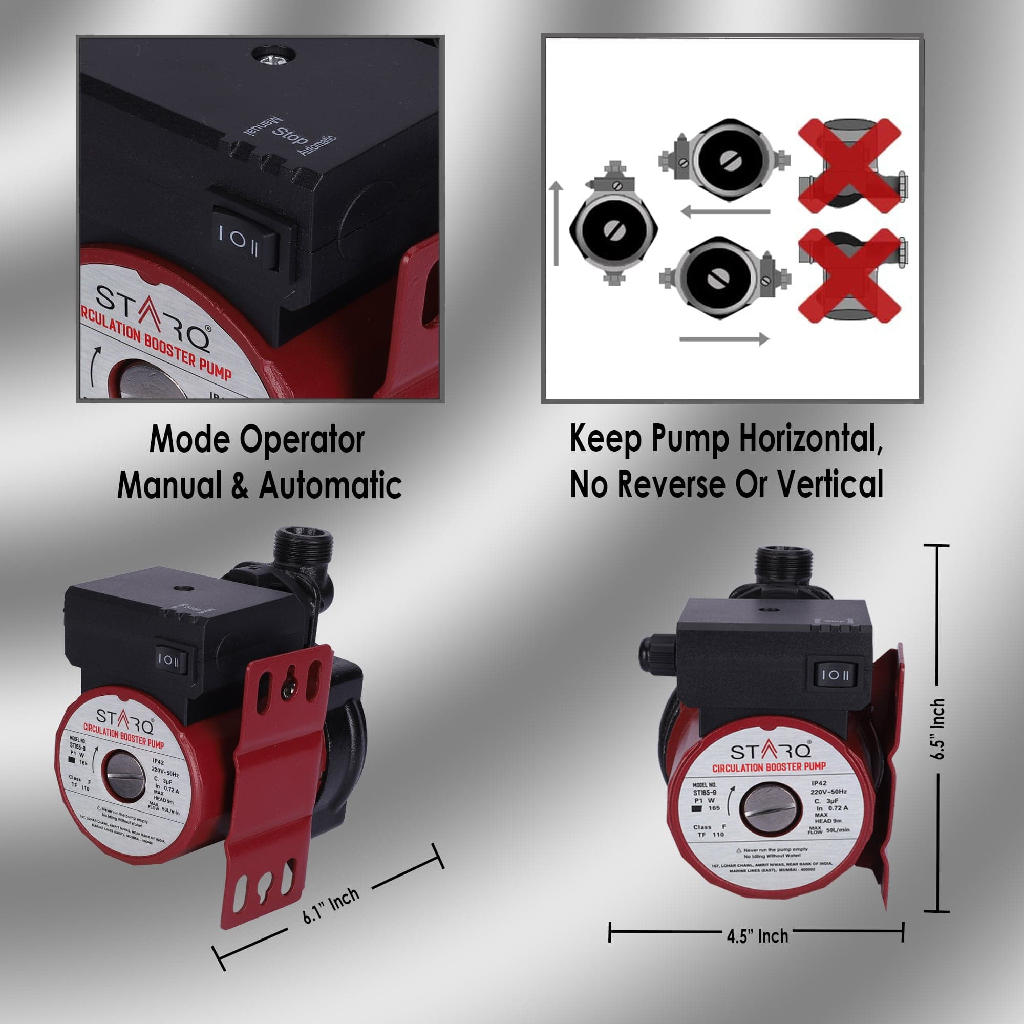 STARQ ST165-9 Inline Automatic Water Pressure Pump With Wall Mounting Bracket (RED) 4