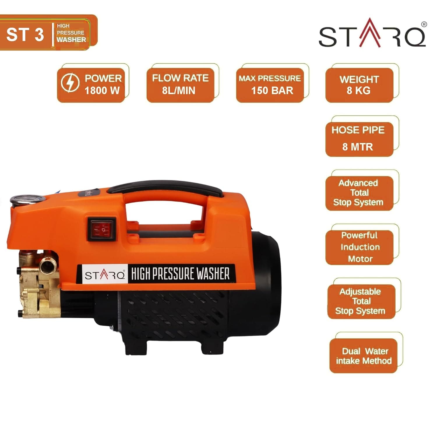 STARQ ST3 1800W Heavy Duty High Pressure Washer 150 Bar, 8L/Min Flow, Brass Coated Pump, Copper Motor Portable Car, Bike, Home, AC & Solar Cleaning Machine 4