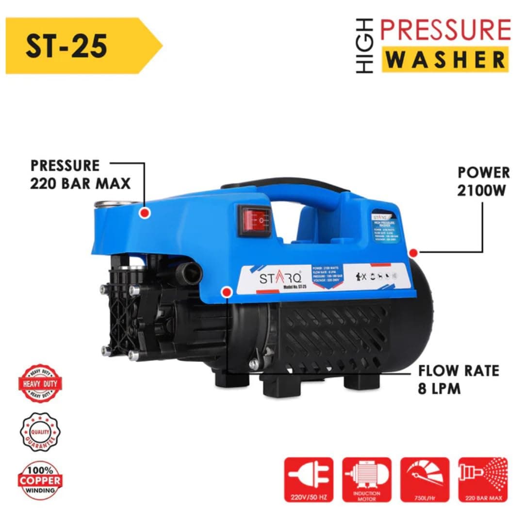 Starq ST25 High Pressure Washer, Car Washer, 2100 Watts Motor, 150 Bars, 8L/Min Flow Rate, 8 Meters Outlet Hose, Portable, Car, Bike & Home Cleaning 2