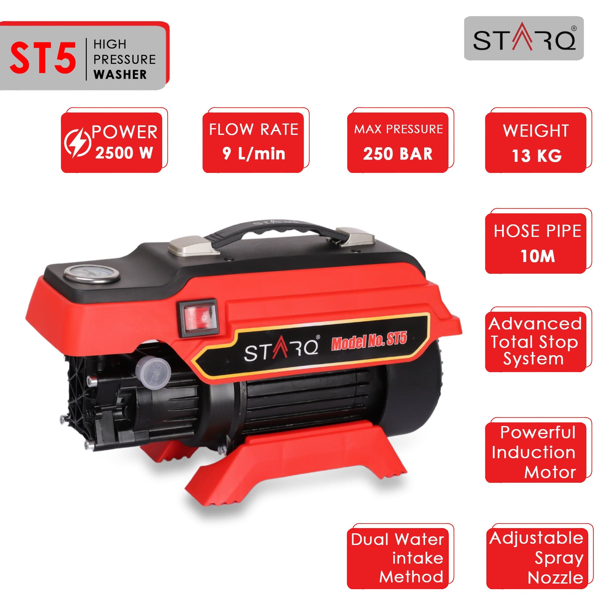 STARQ ST5 | 250 Bar 2500W | Heavy Duty High Pressure Washer for Car, Bike, Home | 1Ltr Professional Snow Foam Lance | Red 2