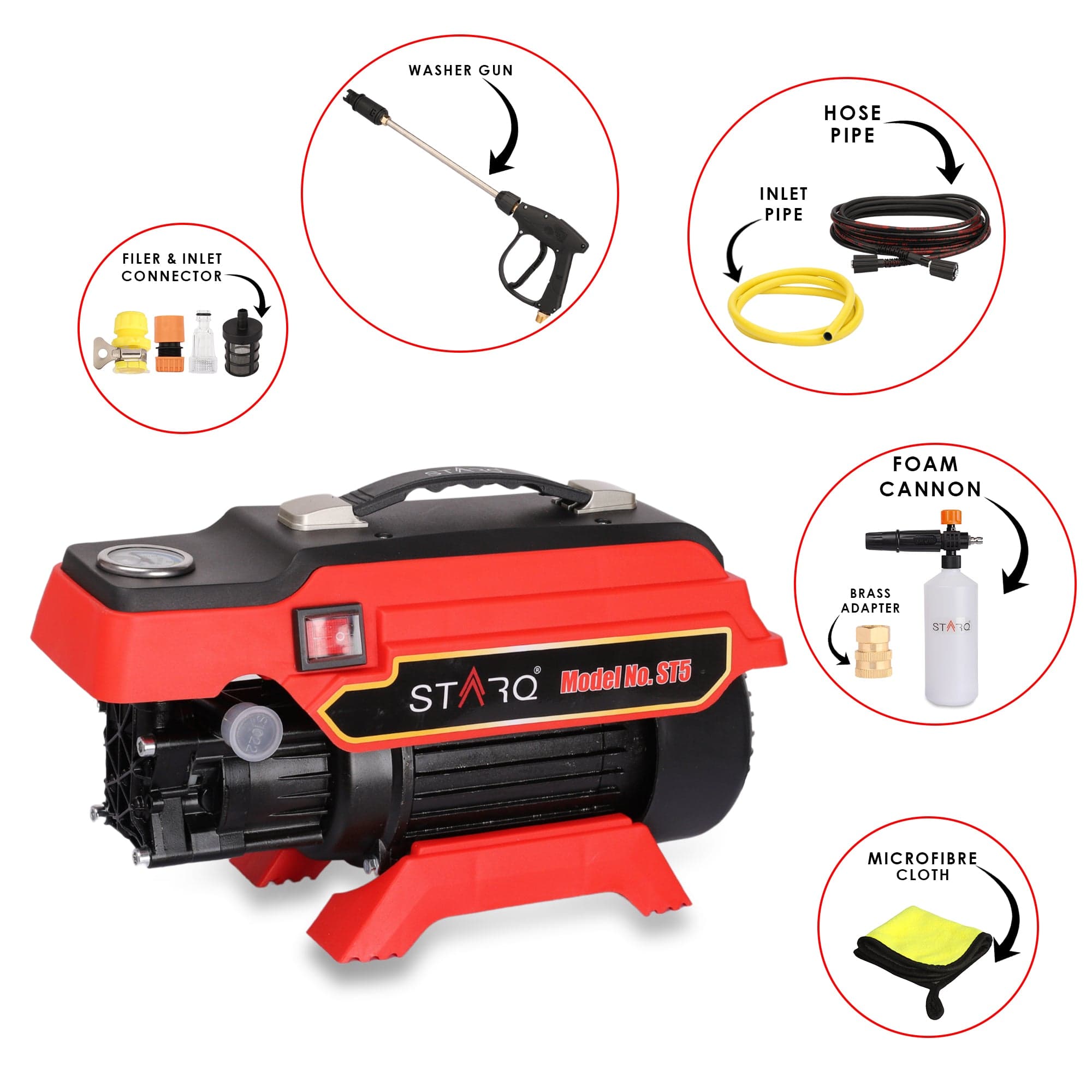 STARQ ST5 | 250 Bar 2500W | Heavy Duty High Pressure Washer for Car, Bike, Home | 1Ltr Professional Snow Foam Lance | Red 5