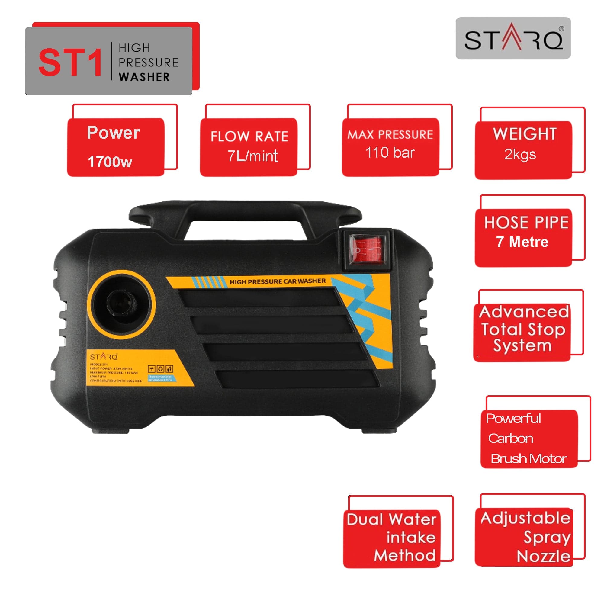 STARQ ST1 | 110 Bar 1700W | Heavy Duty High Pressure Washer for Car, Bike, Home | Pressure Adjustable | Red 2