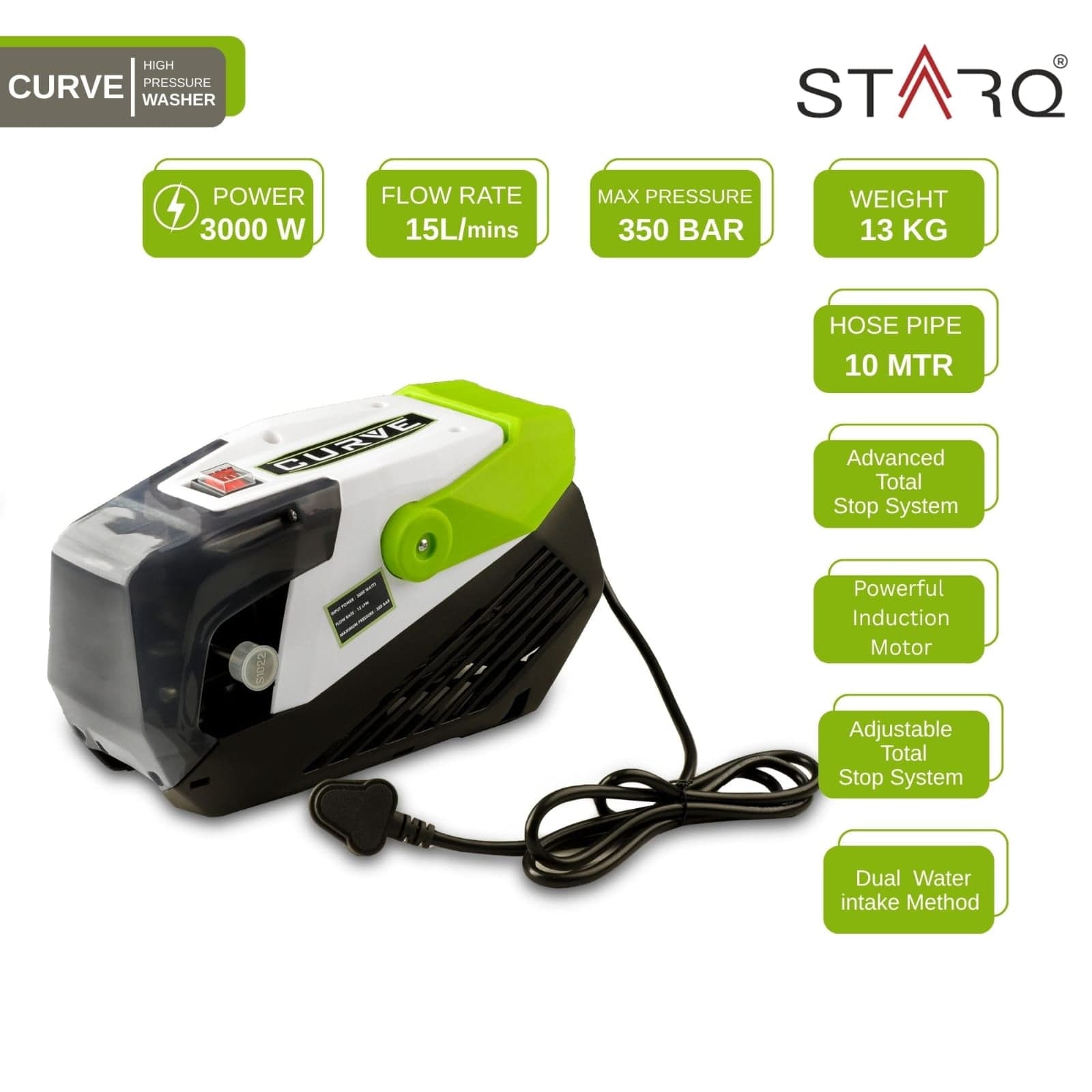Starq curve High Pressure Washer, Car Washer, 3000 Watts Motor, 350 Bars, 15L/Min Flow Rate, 10 Meters Outlet Hose, Portable, Car, Bike & Home Cleaning 2