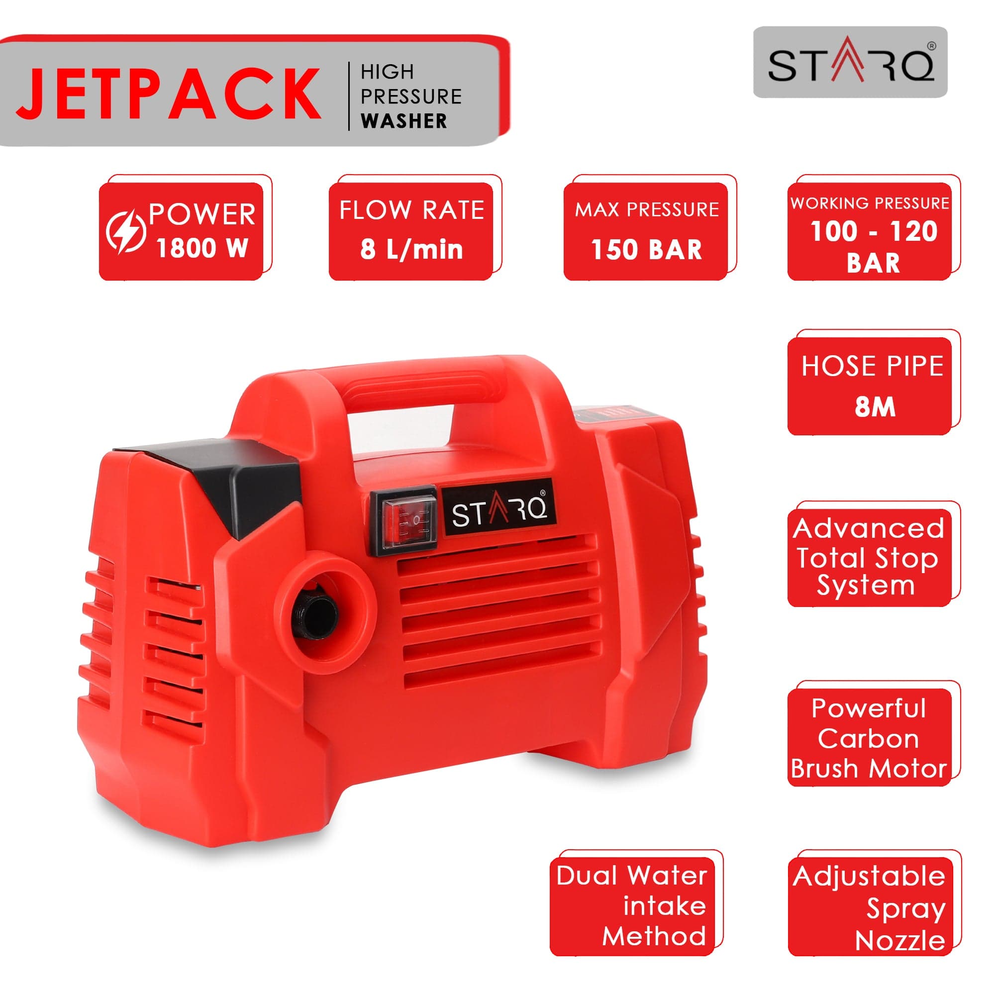 STARQ Jetpack | 150 Bar 1800W | Heavy Duty High Pressure Washer for Car, Bike, Home | Red | Bag Free 3