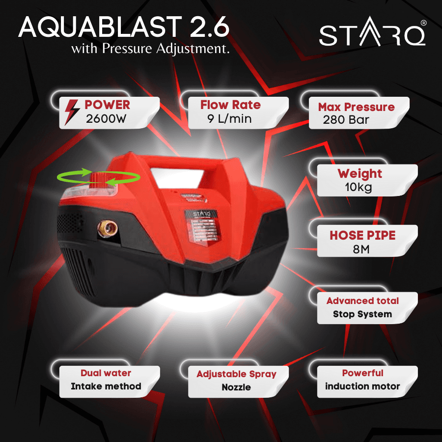STARQ AQUABLAST2.6 2600W | 280 Bar | Heavy Duty High Pressure Car Washer | Pressure Adjustable with 1Ltr Professional Snow Foam Lance I Red 5