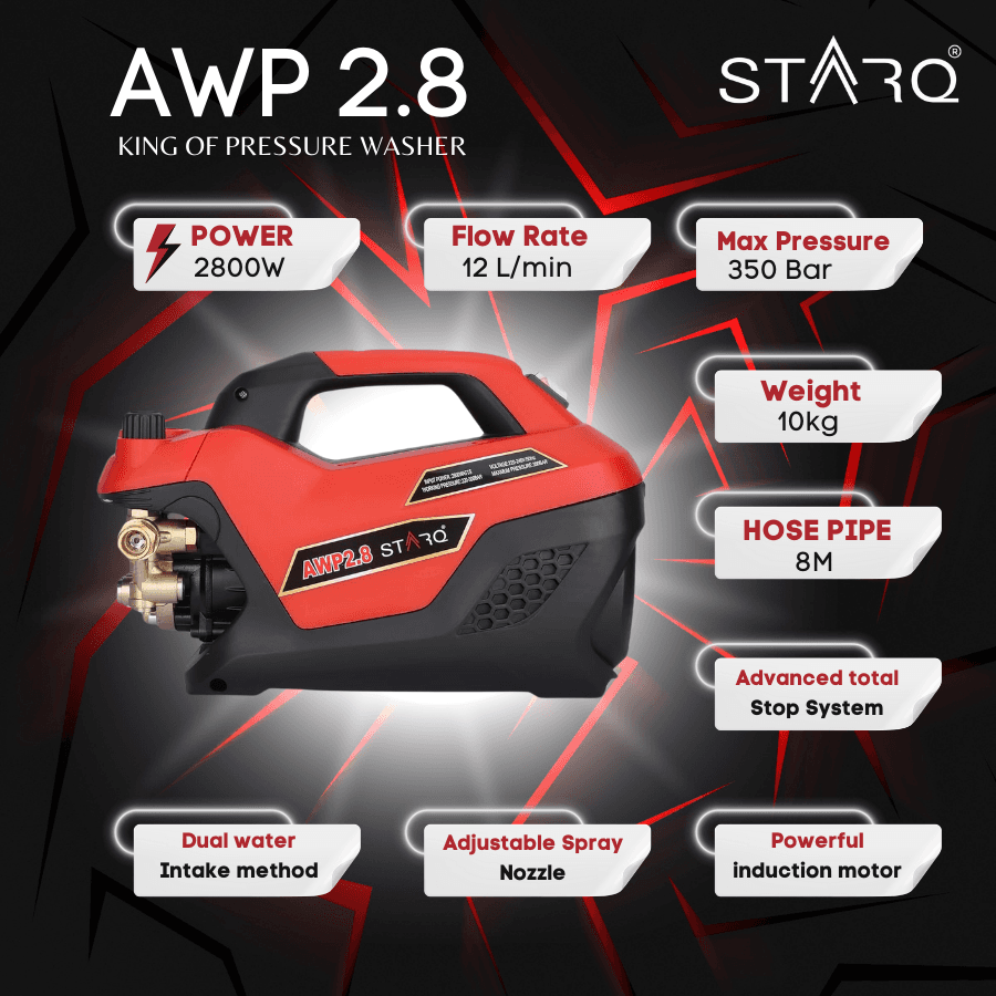 STARQ AWP 2.8 High Pressure Washer 2800W | 350 Bar | 12L/Min Flow | 8M Hose Pipe | Portable Car, Bike & Home Cleaner with Pressure Control Knob 4